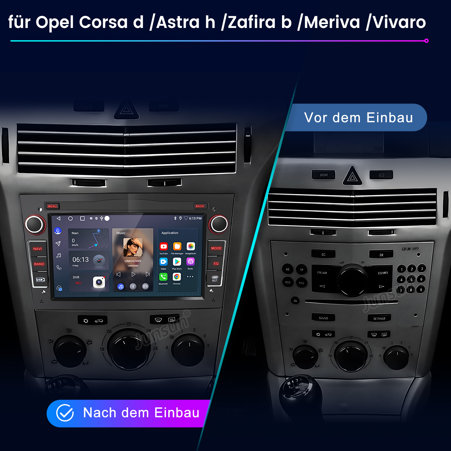 Autotafel mit neu installiertem Multimedia-System. Zeigt Vorher-Nachher-Installation. Enthält Navigations- und Musik-Apps.