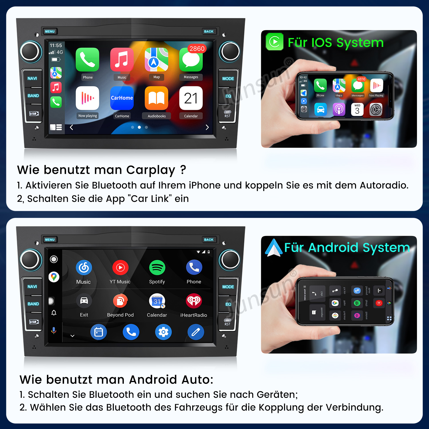 Auto-Audioschnittstelle mit iOS- und Android-Systemillustrationen, App-Symbolen und Verbindungshinweisen.