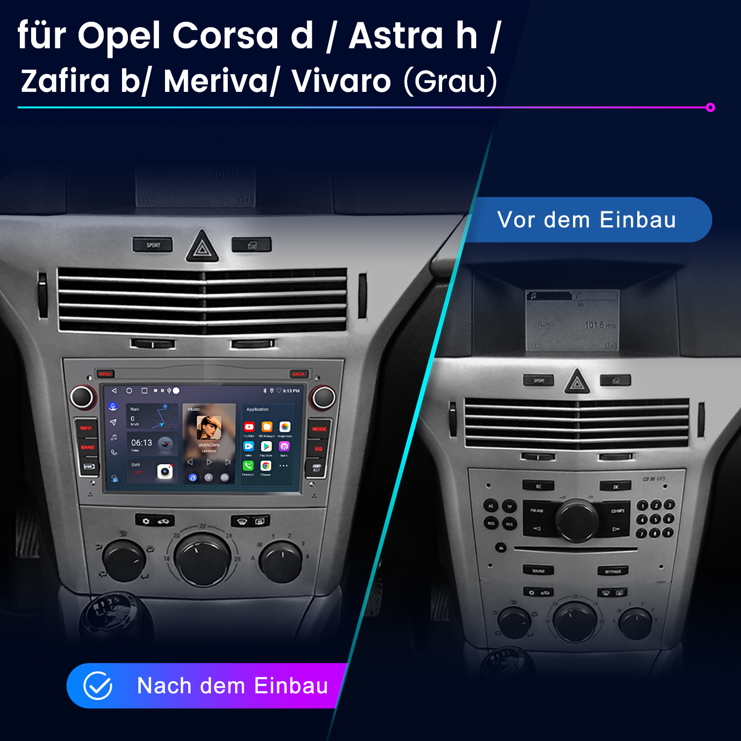 Vergleich des Armaturenbretts: altes Radio vs. neuer Touchscreen. Der neue hat einen Bildschirm mit Apps, der alte Knöpfe.