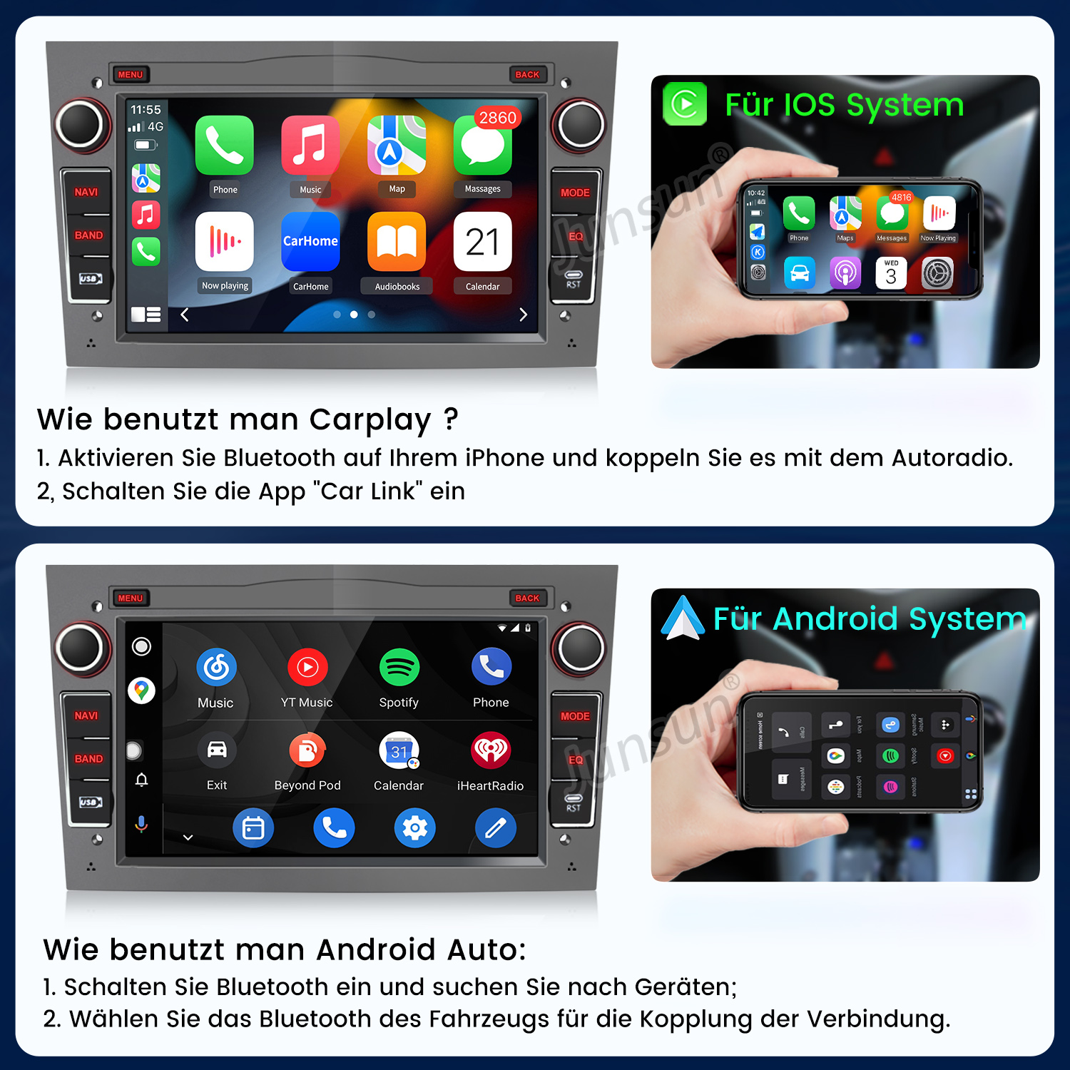 Das Bild zeigt Autoradio-Displays mit Anweisungen zur Einrichtung von CarPlay und Android Auto über Bluetooth.