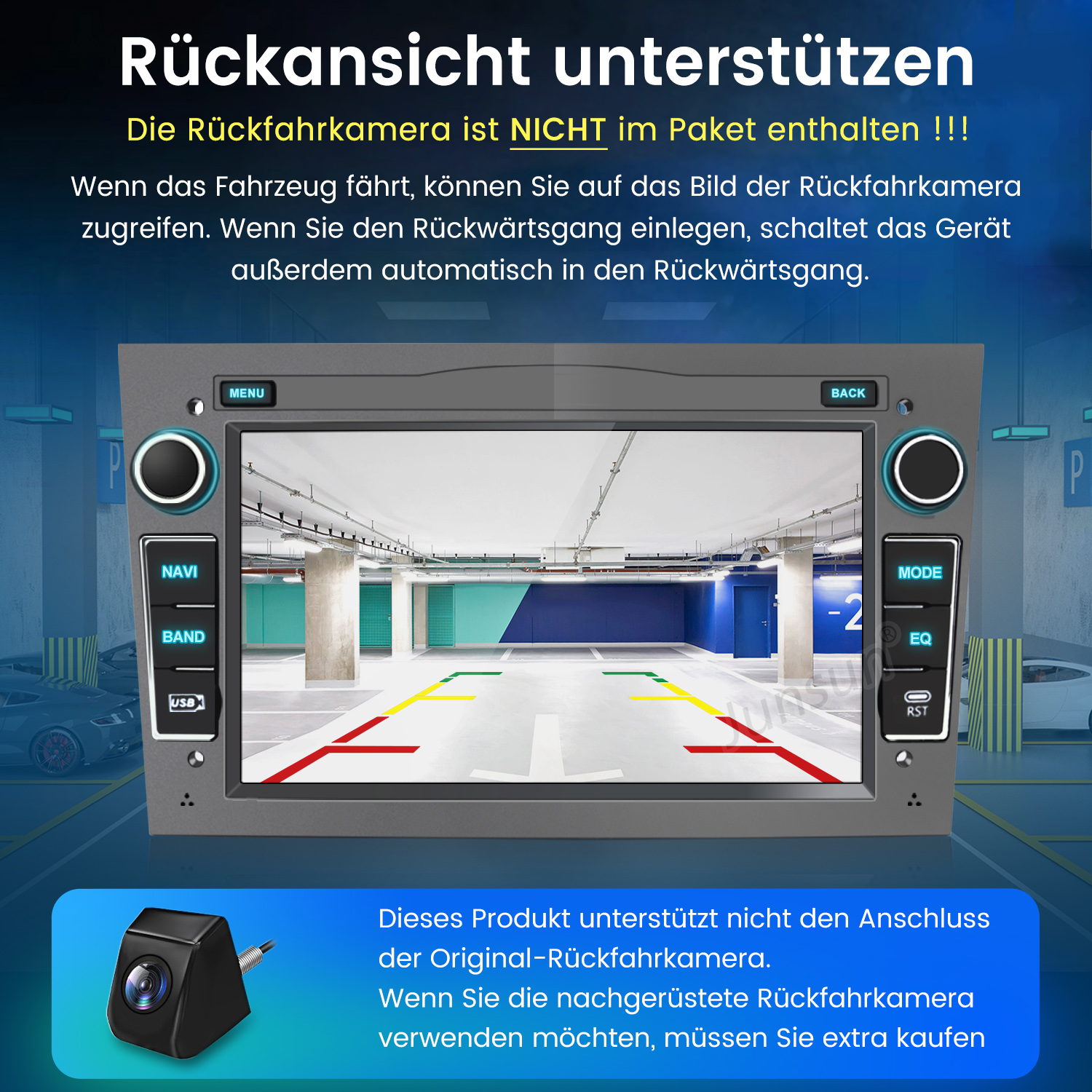 Autoradio-Bildschirm mit Parkhausansicht. Unten ist eine Kamera abgebildet. Text erklärt die Kamerafunktion.