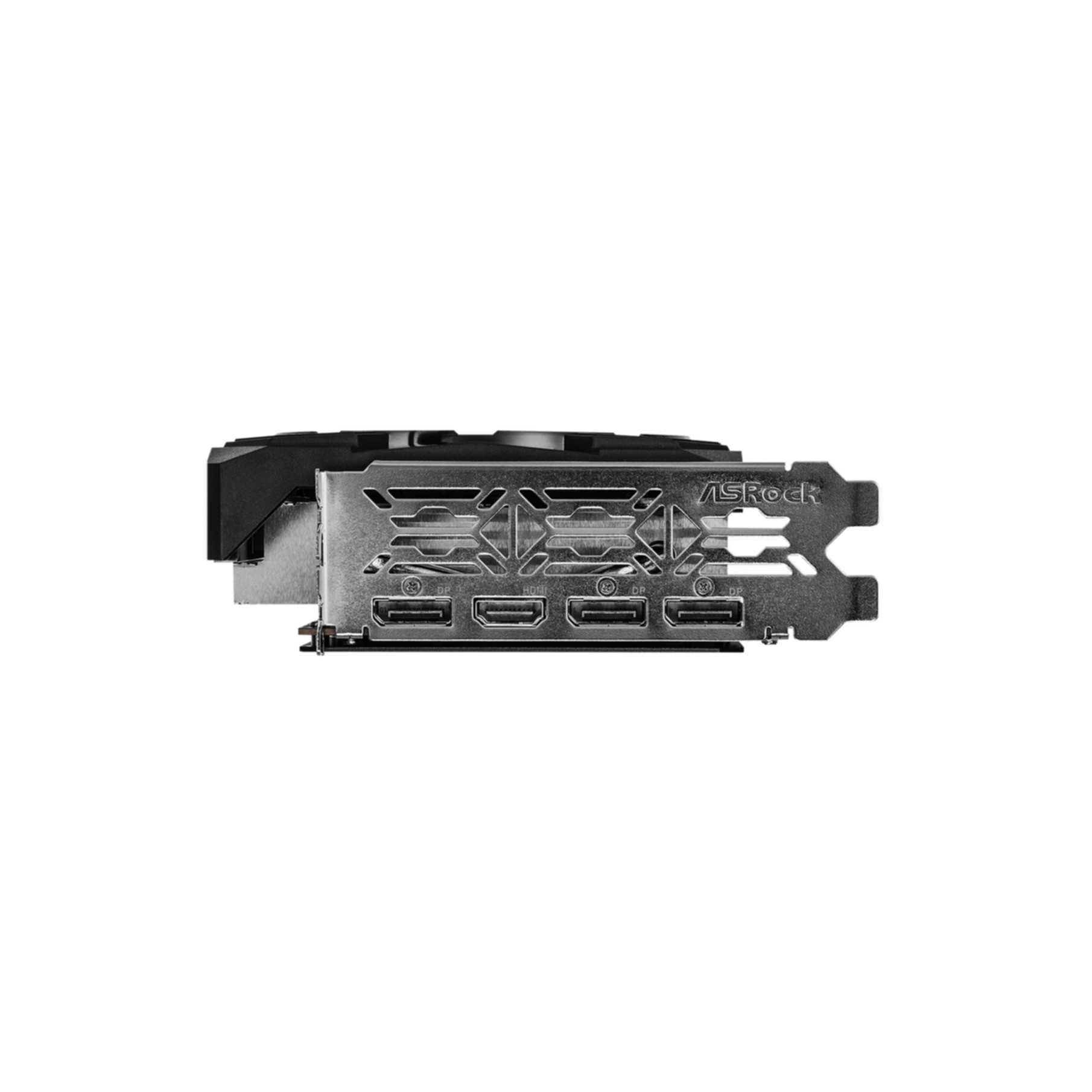 Una scheda grafica con più porte, tra cui HDMI e DisplayPort, su sfondo bianco. Il marchio è ASRock.