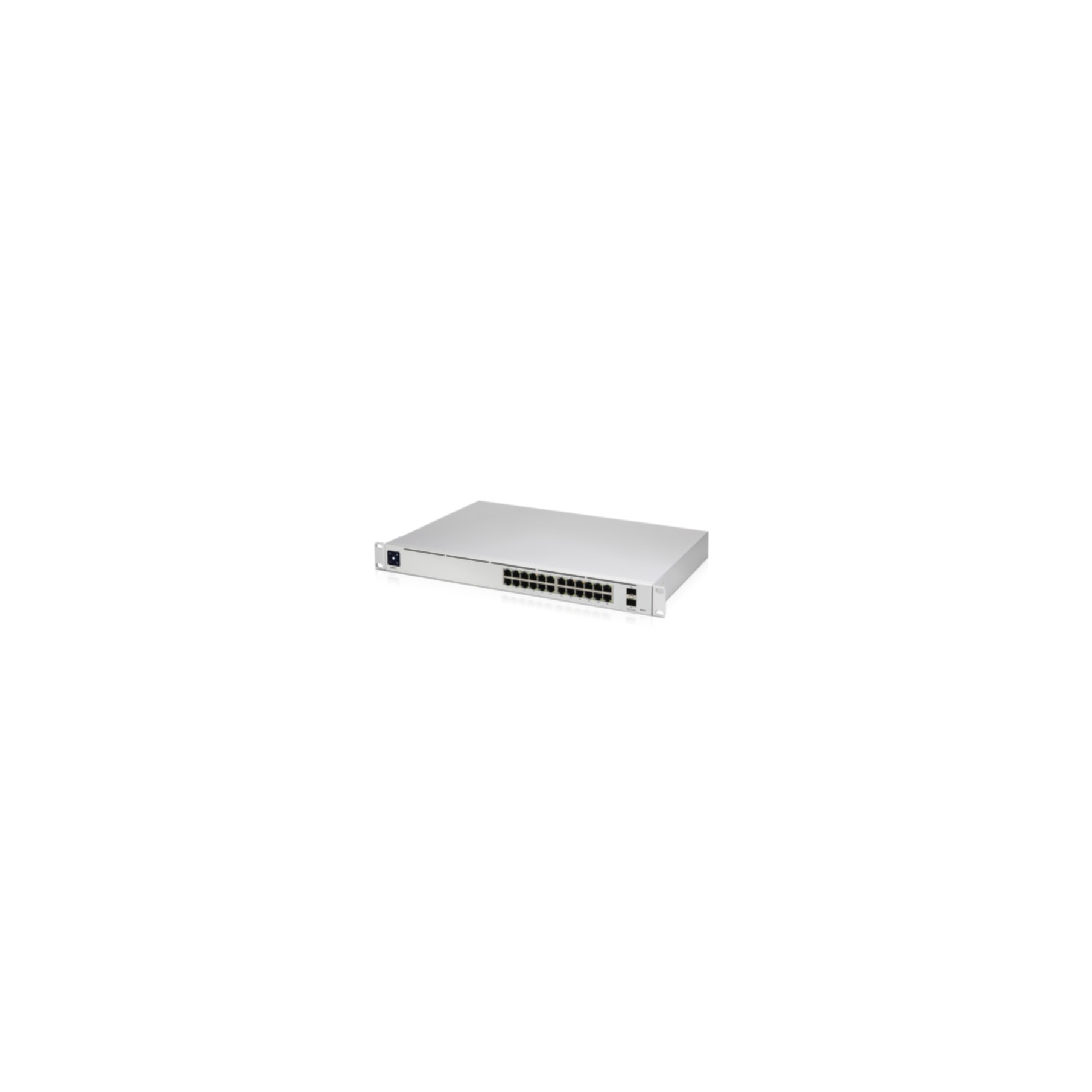 Un switch de red plateado está centrado sobre un fondo blanco. Tiene múltiples puertos y un botón de encendido.