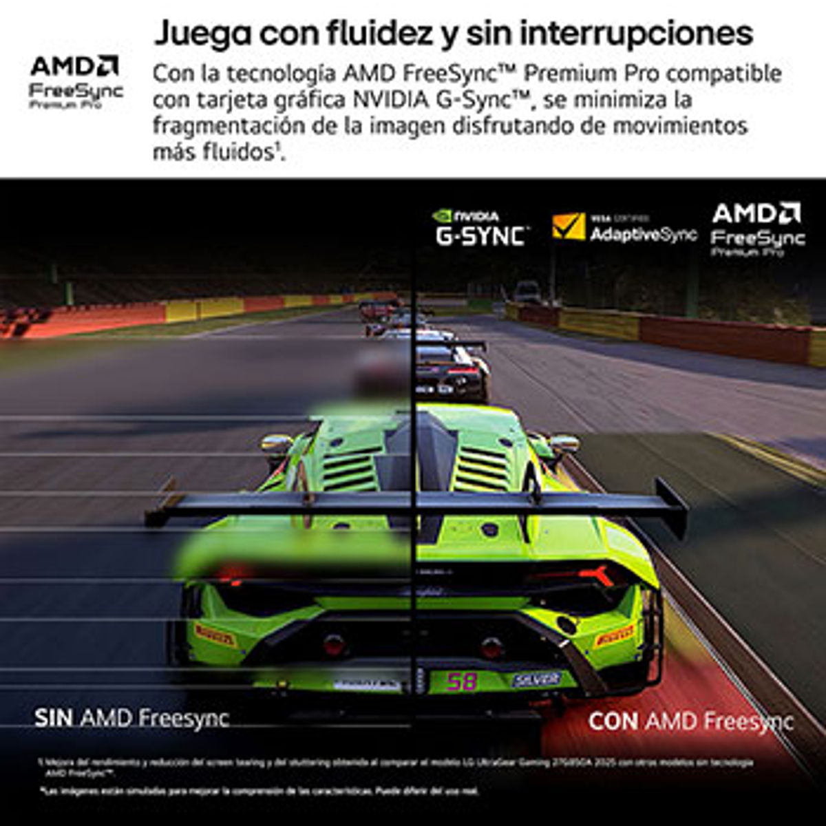 Obraz przedstawia zielony samochód sportowy w wyścigu. Tekst porównuje AMD FreeSync po prawej stronie z wyłączonym po lewej, poprawiając płynność obrazu.