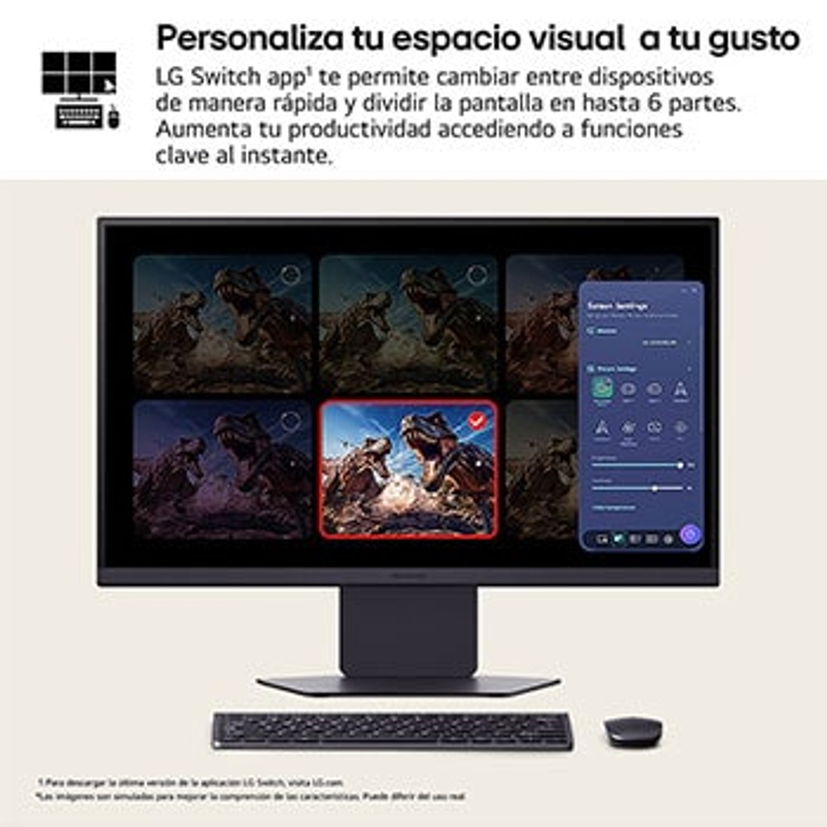 Monitor komputera wyświetla podzielony ekran z obrazami dinozaurów i interfejsem telefonu. Klawiatura i mysz na pierwszym planie.