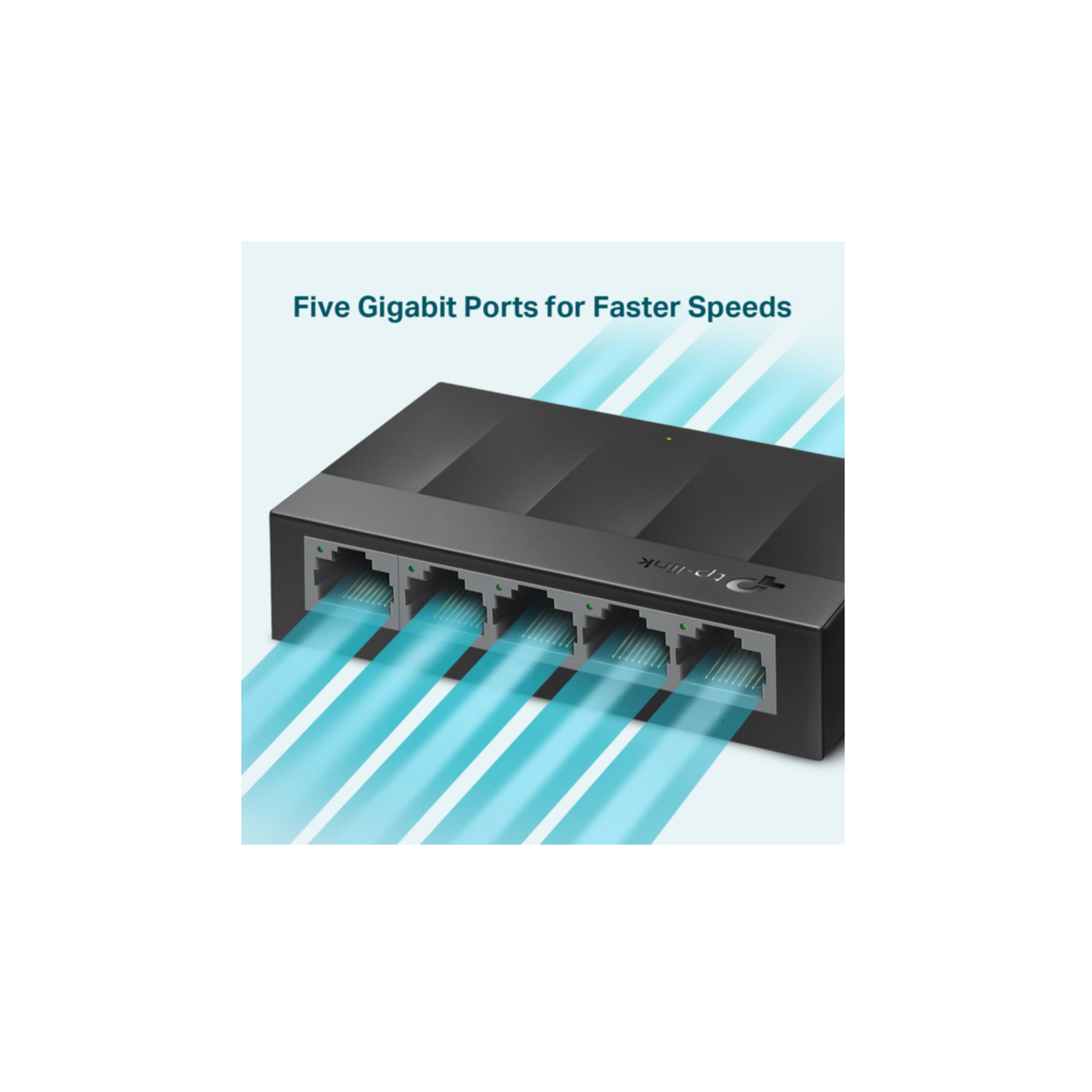 Czarny przełącznik TP-Link z pięcioma portami. Niebieskie wiązki wychodzą z portów. Tekst: 'Five Gigabit Ports for Faster Speeds'.