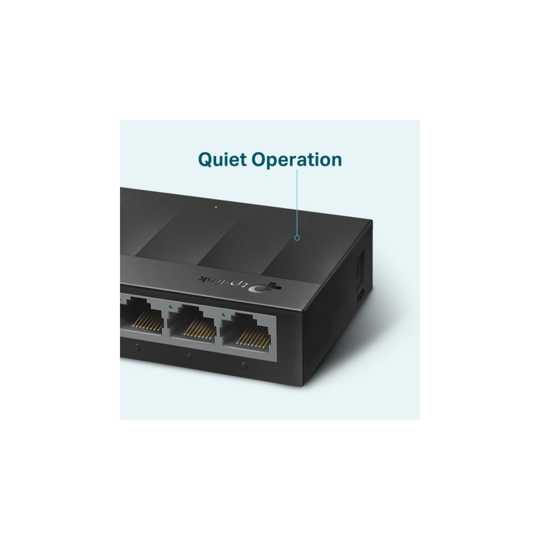Czarny przełącznik sieciowy TP-Link z portami 3, 4, 5. Tekst: 'Cicha praca'.