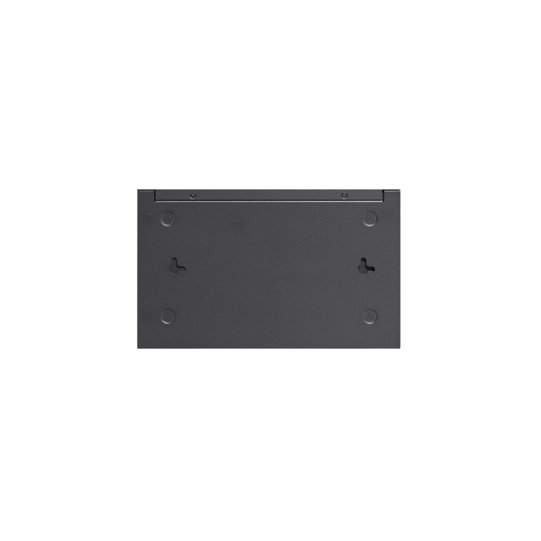 A dark gray rectangular device, likely a network switch, with mounting holes and screw holes on a white background.
