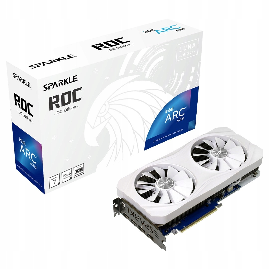 A white Sparkle Intel ARC A750 graphics card with two fans sits beside its box. The box has the ROC logo and ARC branding.
