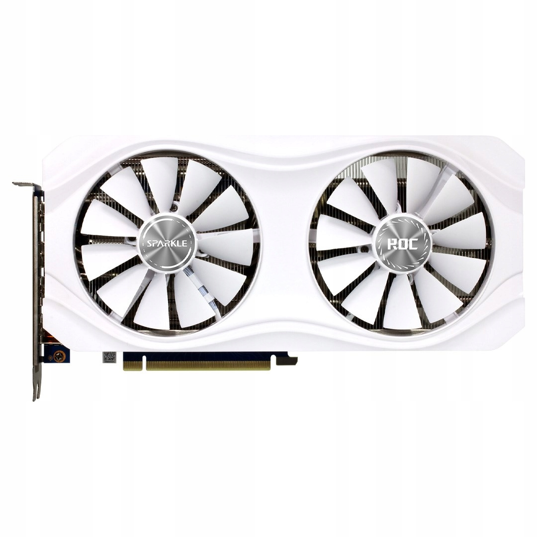 White graphics card with two fans. The fans have white blades and silver centers. The brand names 'SPARKLE' and 'ROC' are visible.