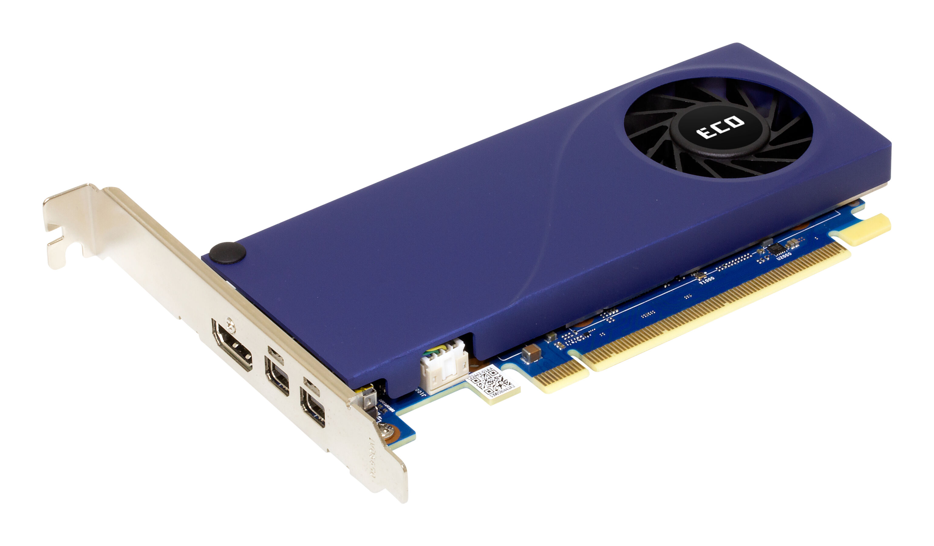 A blue and black graphics card with a fan labeled "ECO" is placed on a white background, showcasing its ports.