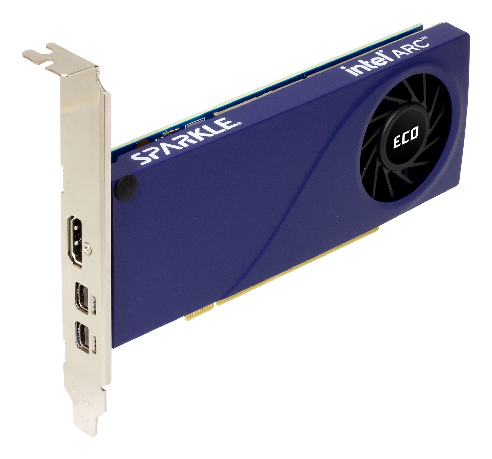 A blue and black Intel ARC Sparkle graphics card. It has ports and a fan. The card is on a white background.