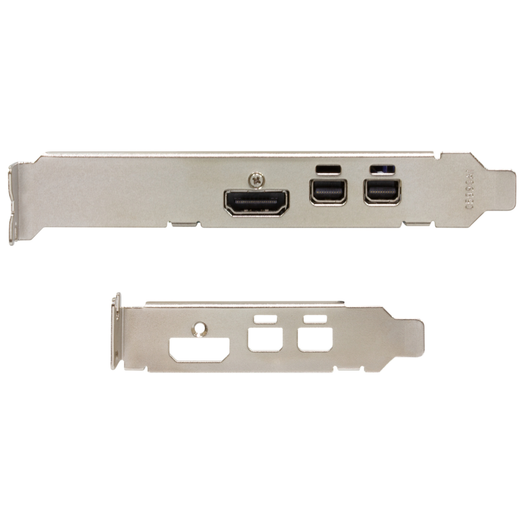 A graphics card with HDMI and DisplayPort ports, and a second card below it with similar cutouts, both silver.