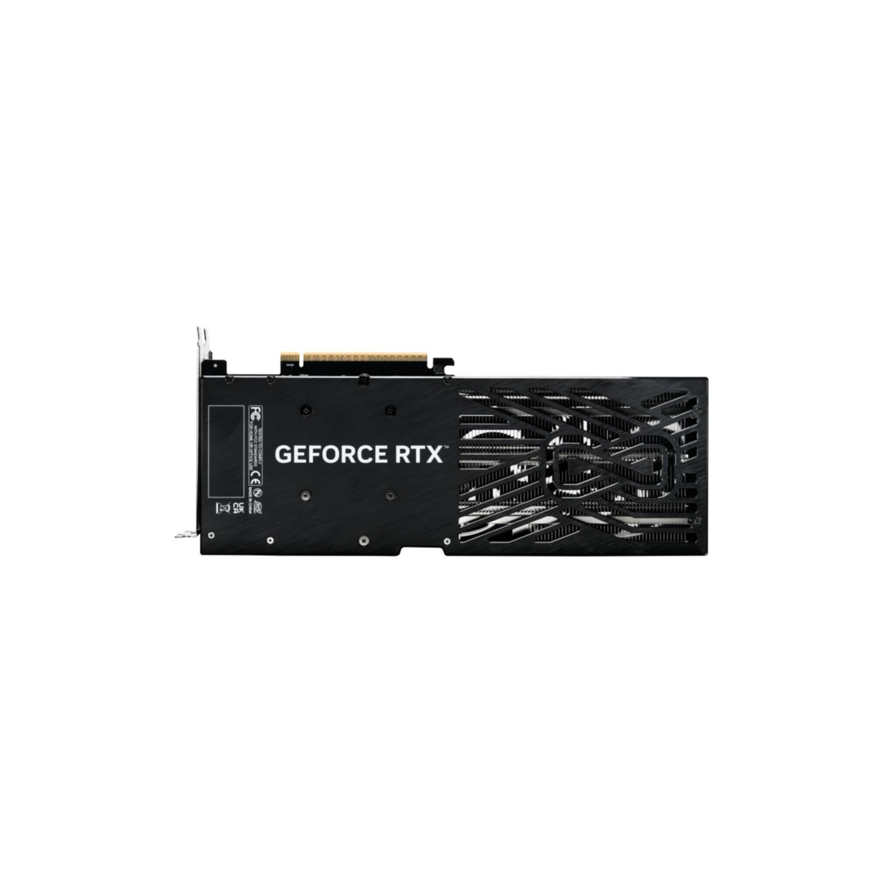 Een zwarte GeForce RTX grafische kaart op een witte achtergrond. De kaart heeft een ventilator en een koellichaam.