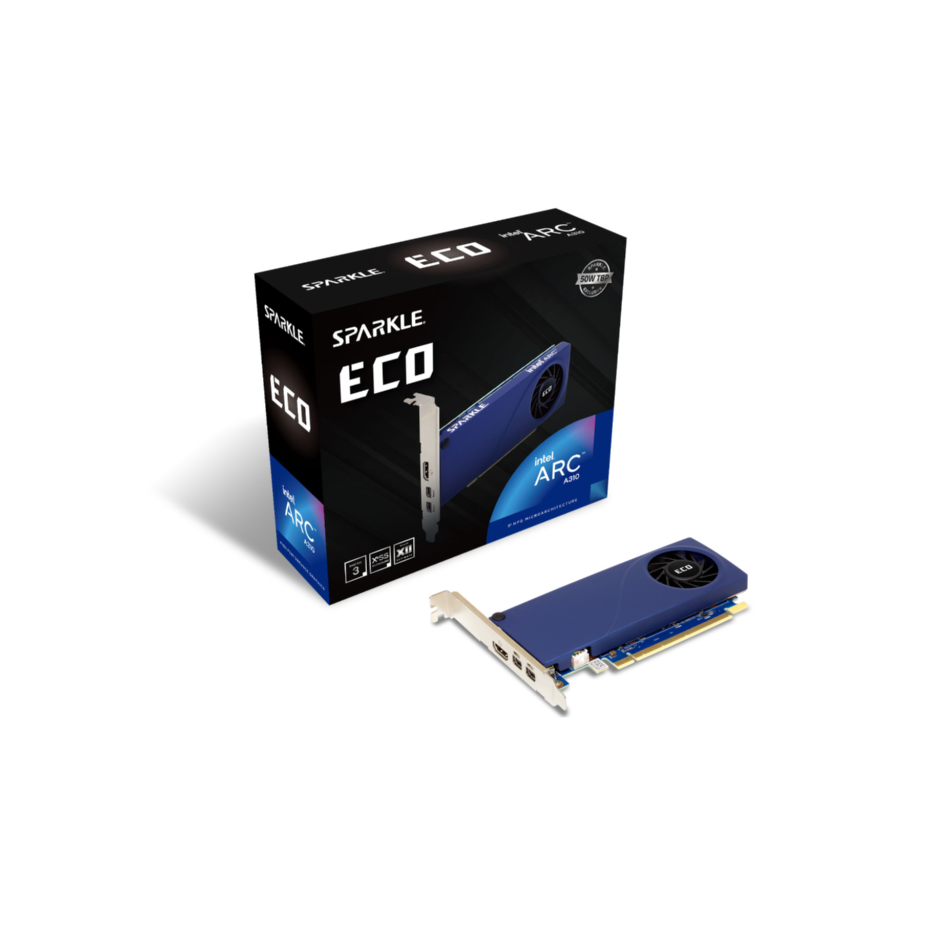 A blue Sparkle ECO Intel ARC A310 graphics card and its box. The box is black, the card is blue.