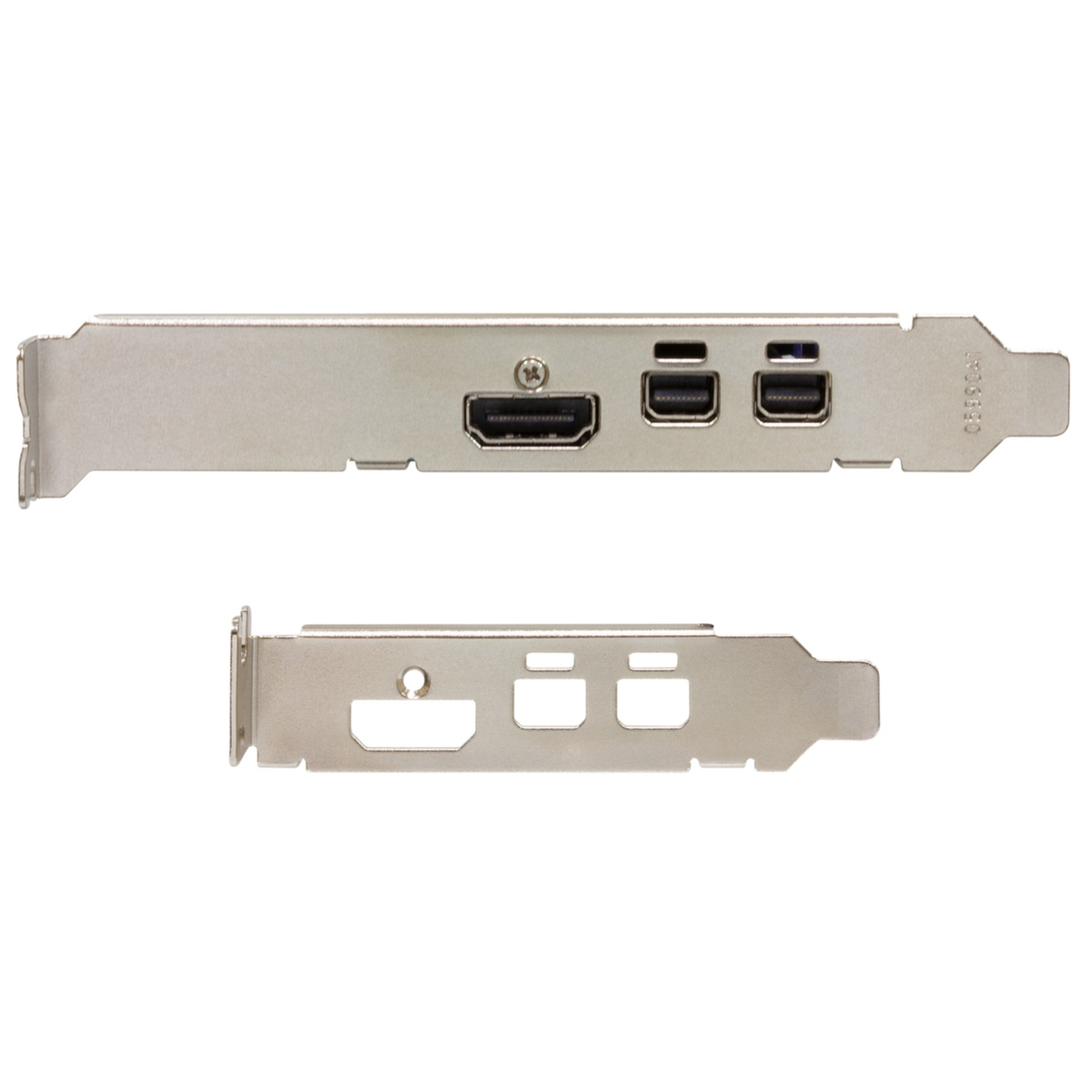A silver graphics card with HDMI and DisplayPort outputs. Below, a smaller card with cutouts. White background.