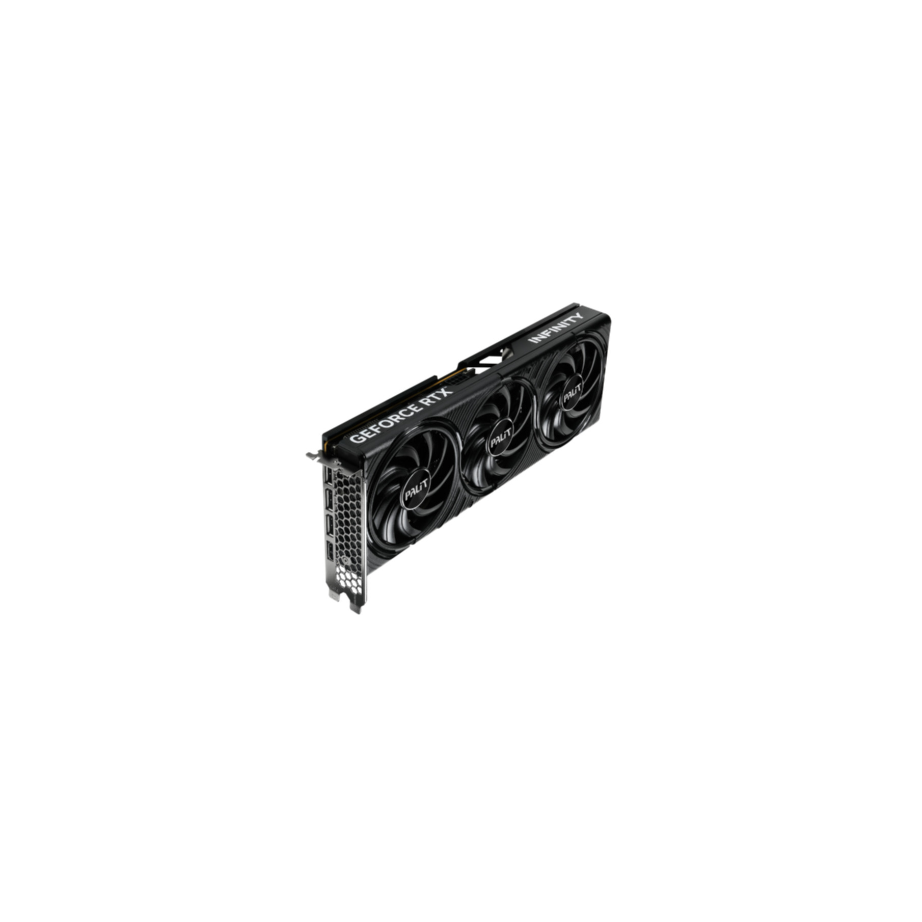 Een zwarte Palit GeForce RTX grafische kaart met drie ventilatoren, op een witte achtergrond. Tekst bevat GeForce RTX en Infinity.
