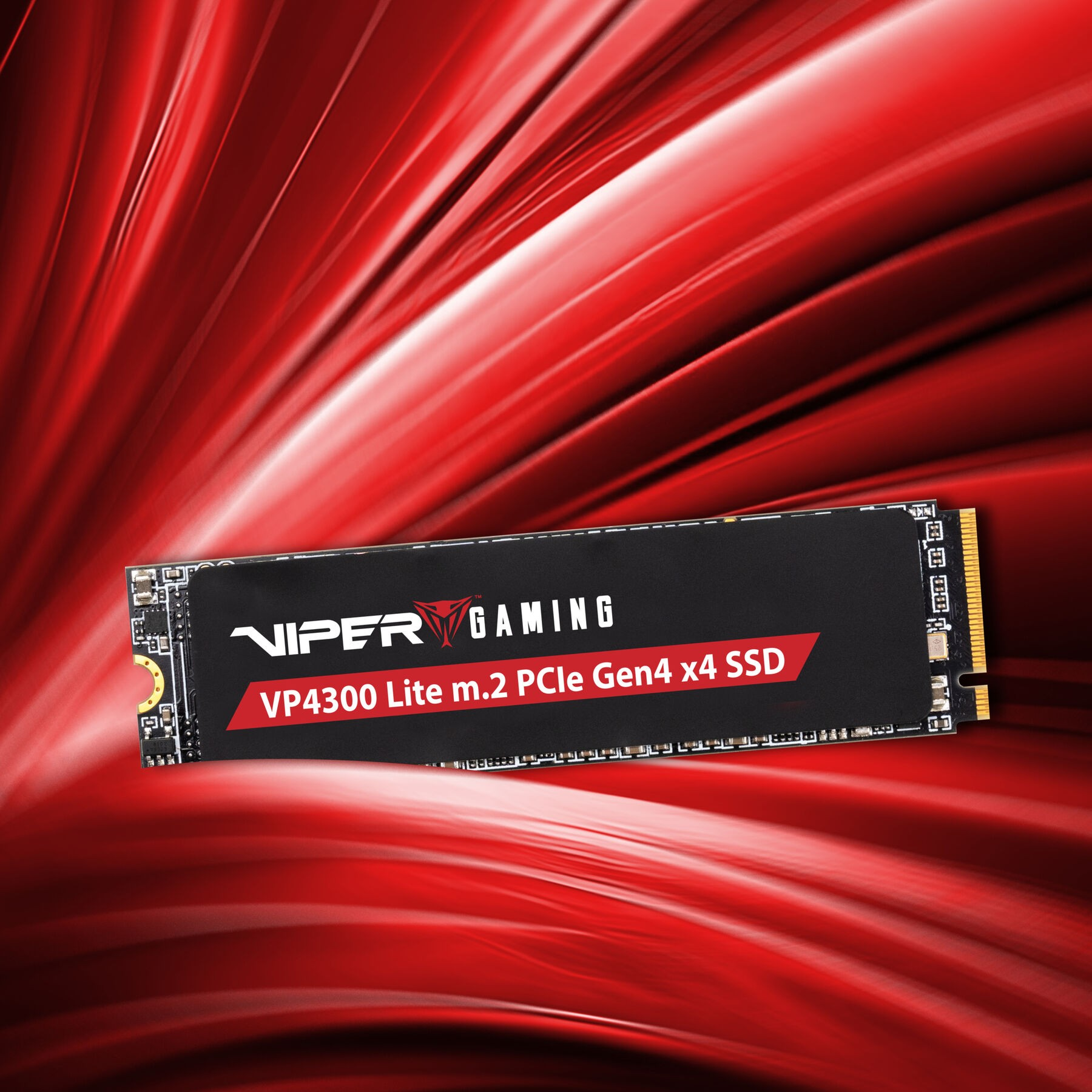 SSD na czerwonym, abstrakcyjnym tle. To Viper Gaming VP4300 Lite m.2 PCIe Gen4 x4 SSD.