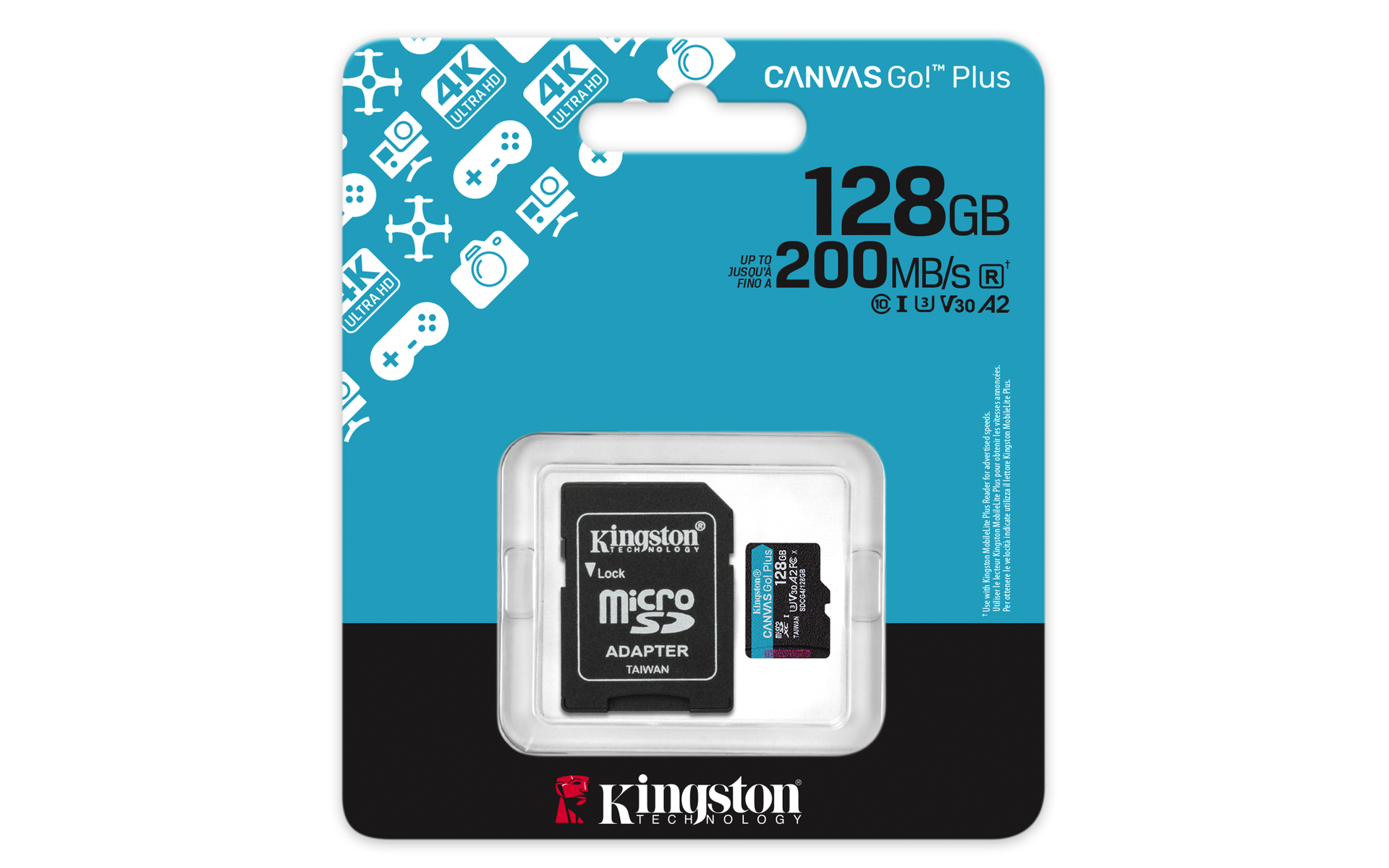 Karta SD Kingston Canvas Go! Plus 128GB w opakowaniu. Opakowanie jest czarno-turkusowe, z informacjami o produkcie.
