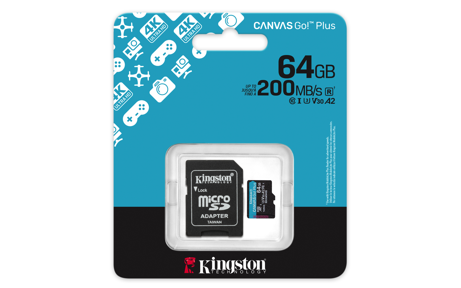 Eine Kingston Canvas Go! Plus 64GB SD-Karte in einem transparenten Kunststoffgehäuse auf blauem und schwarzem Hintergrund.