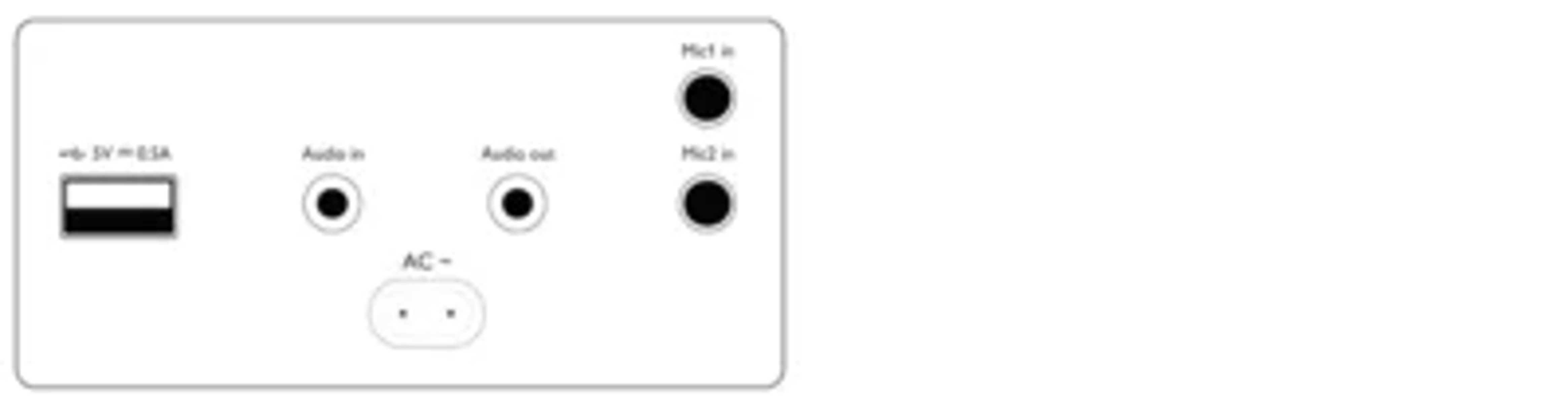 Un pannello bianco con porta USB, ingressi/uscite audio, ingressi microfonici e ingresso alimentazione CA.