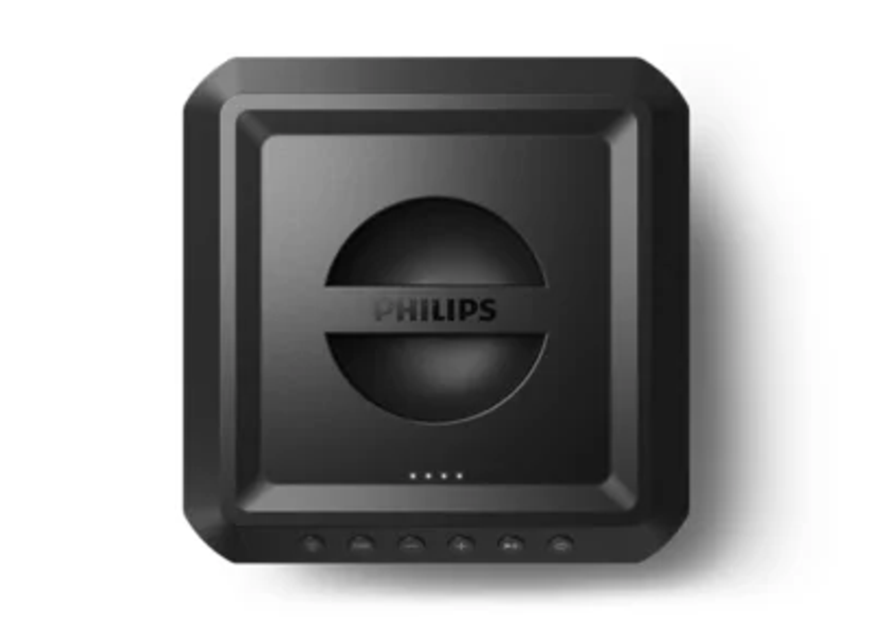 Un dispositivo Philips nero con un design circolare centrale, il marchio è visibile. Ha pulsanti e spie luminose.