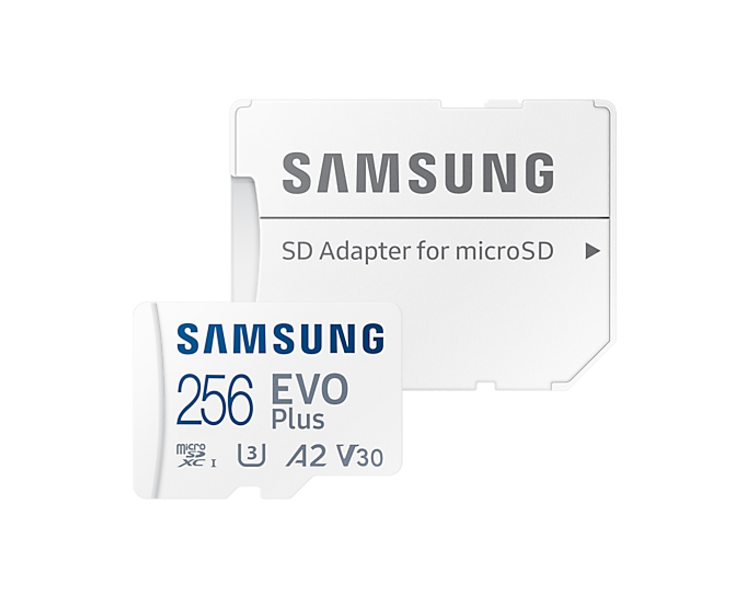 Una tarjeta microSD y un adaptador Samsung blancos. La tarjeta muestra '256 EVO Plus'. El adaptador dice 'SD Adapter for microSD'.