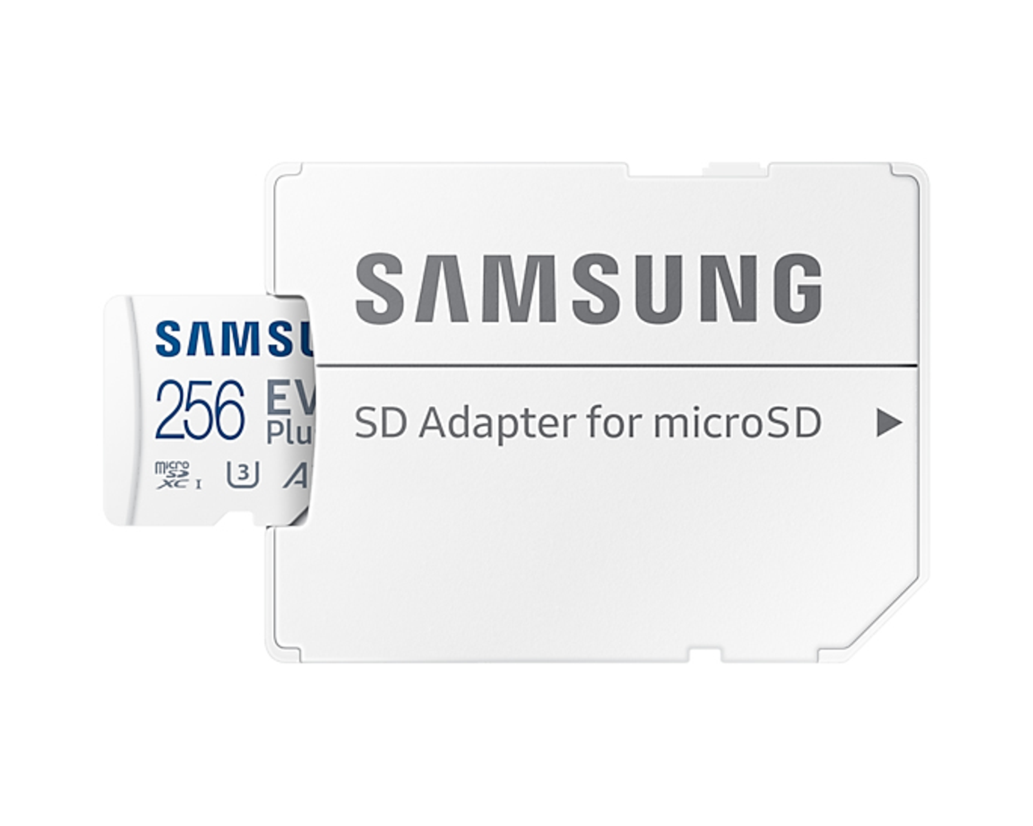 Una tarjeta SD y un adaptador blancos de Samsung. La tarjeta dice 256GB, y el adaptador dice 'Adaptador SD para microSD'.