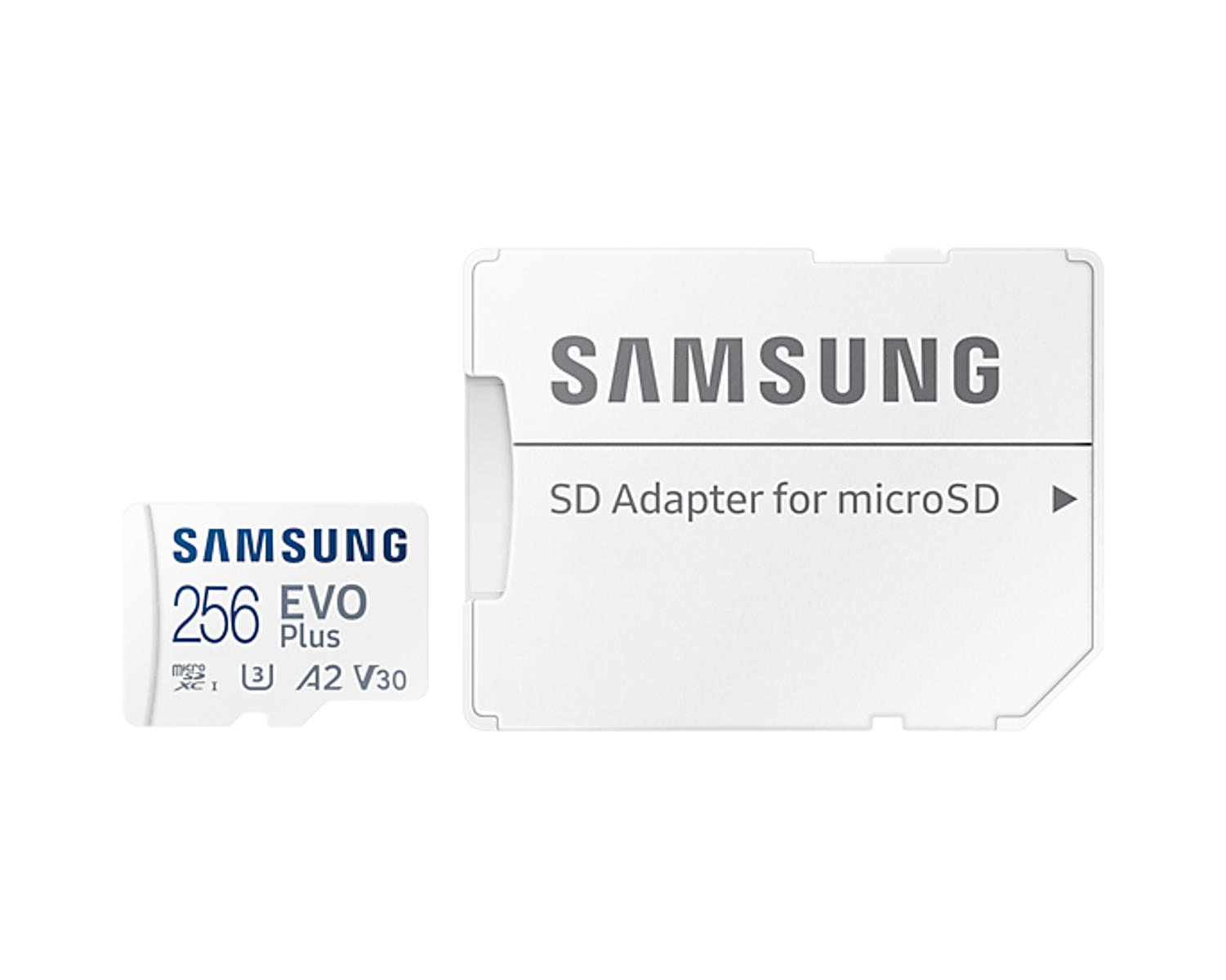 Tarjeta SD Samsung con adaptador. La tarjeta tiene 256 GB, EVO Plus. El adaptador dice 'SD Adapter for microSD'.