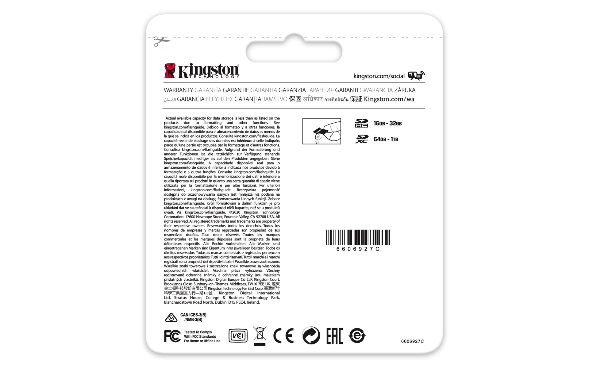 Embalaje del producto Kingston. Texto y logotipos visibles, incluidas las capacidades de almacenamiento.