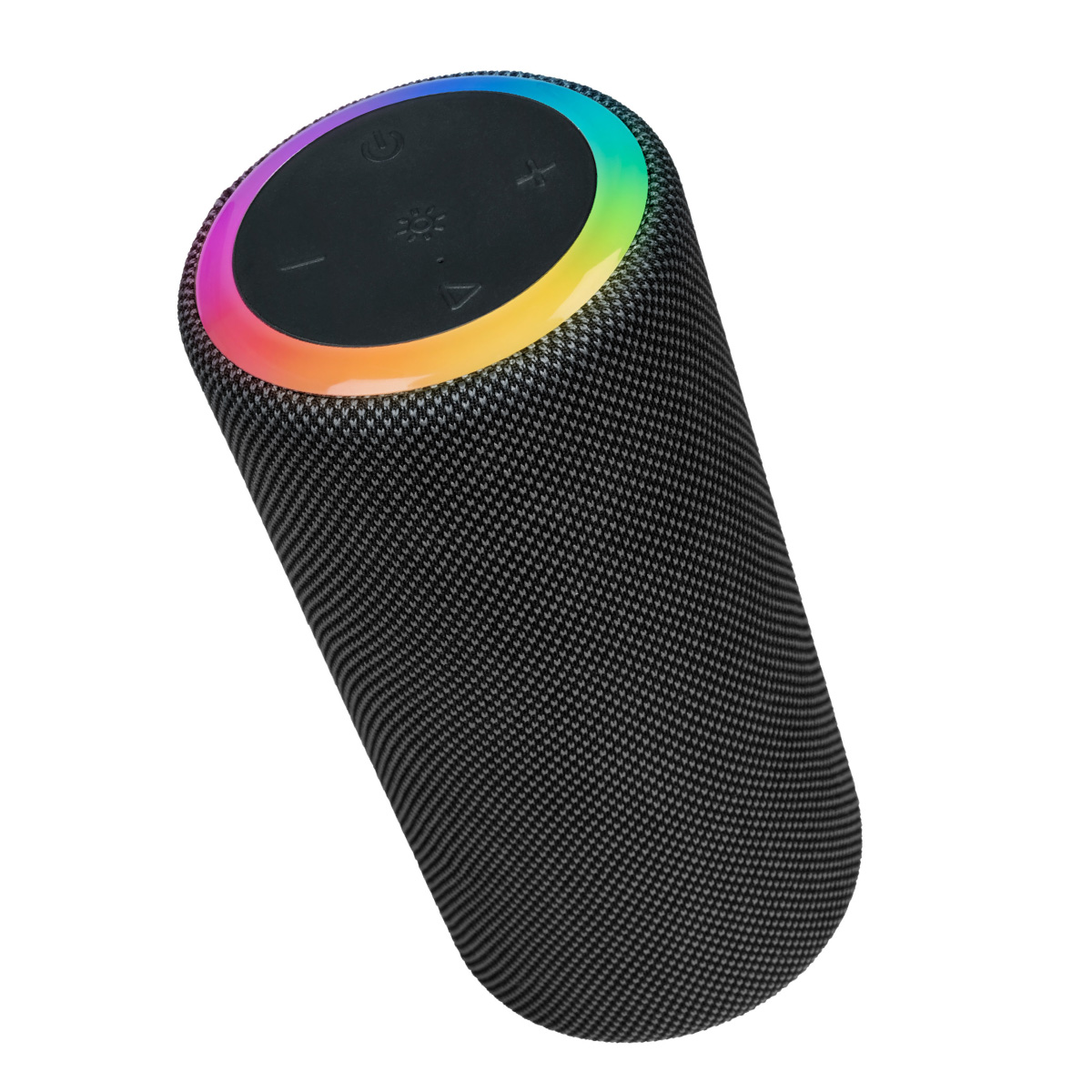 Cylindryczny czarny głośnik z tęczowym pierścieniem świetlnym u góry. Posiada przyciski i teksturowaną tkaninę.