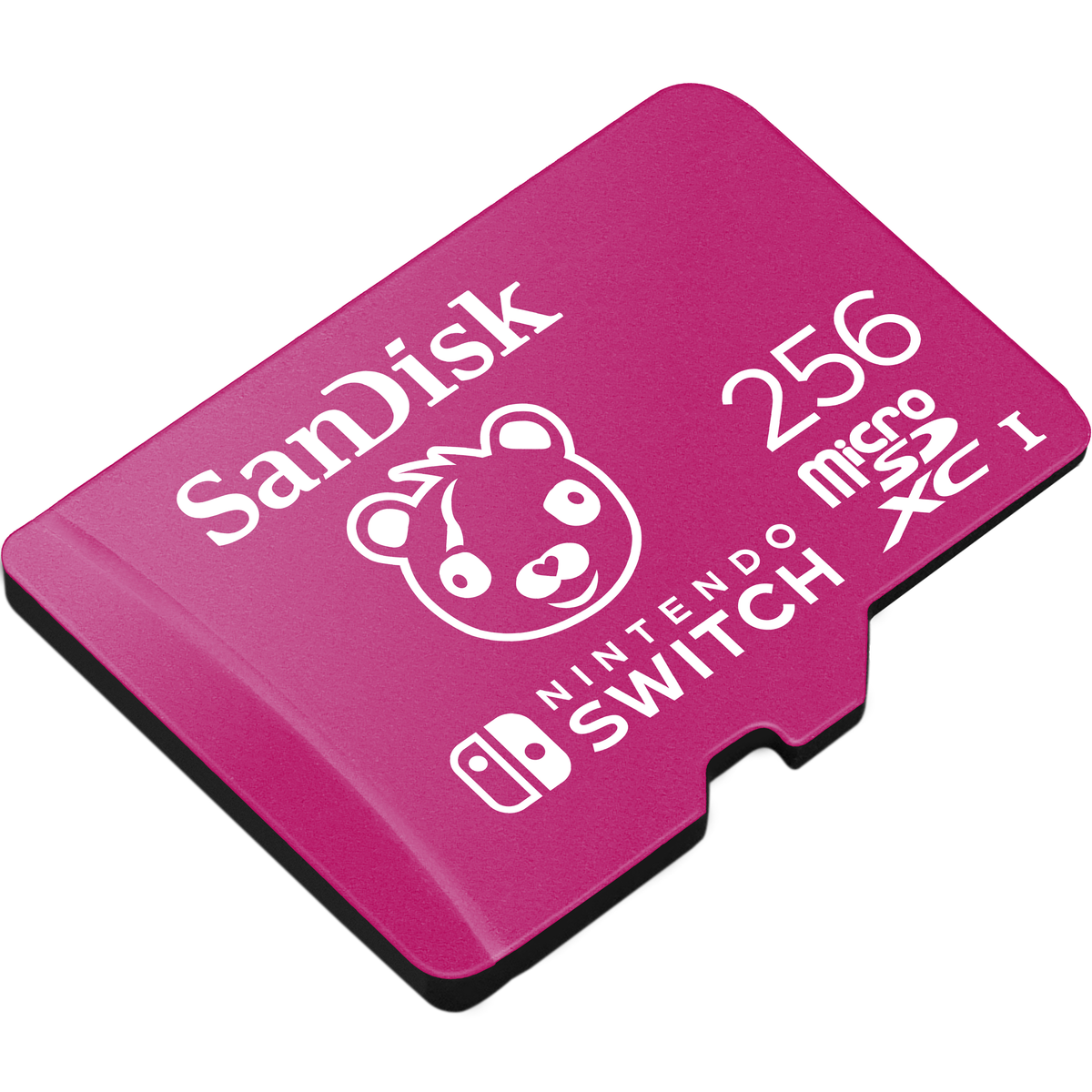 Una scheda microSD SanDisk rosa per Nintendo Switch. Ha un logo di orso e dice 256GB.