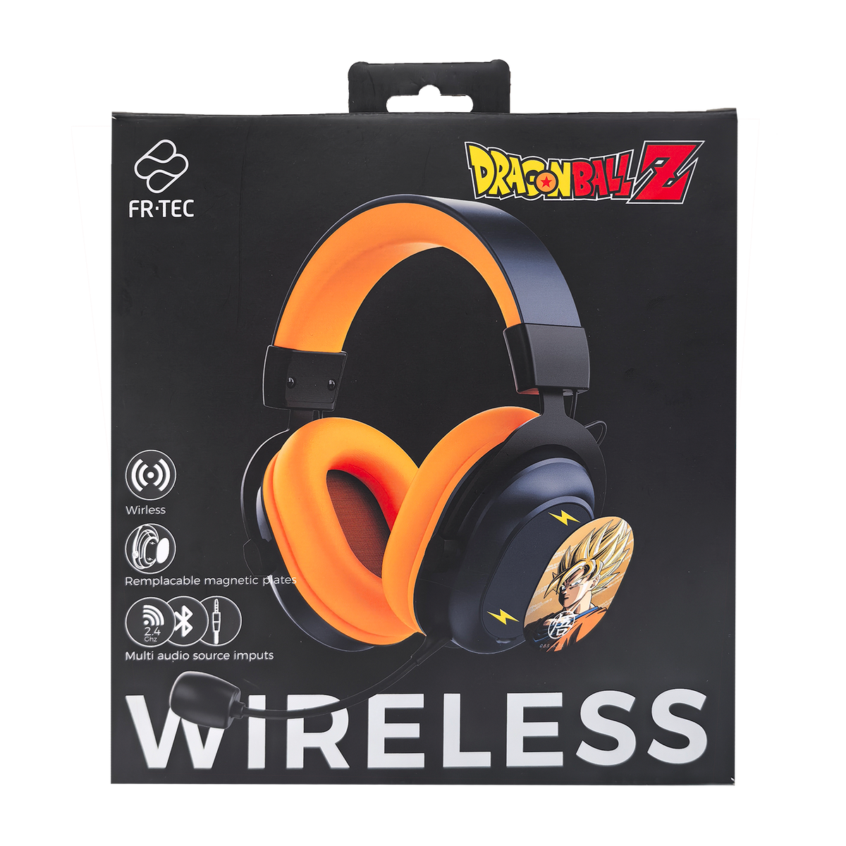 Słuchawki w pudełku. Czarne i pomarańczowe słuchawki z logo Dragon Ball Z. Bezprzewodowe, ze zdjęciem Goku.