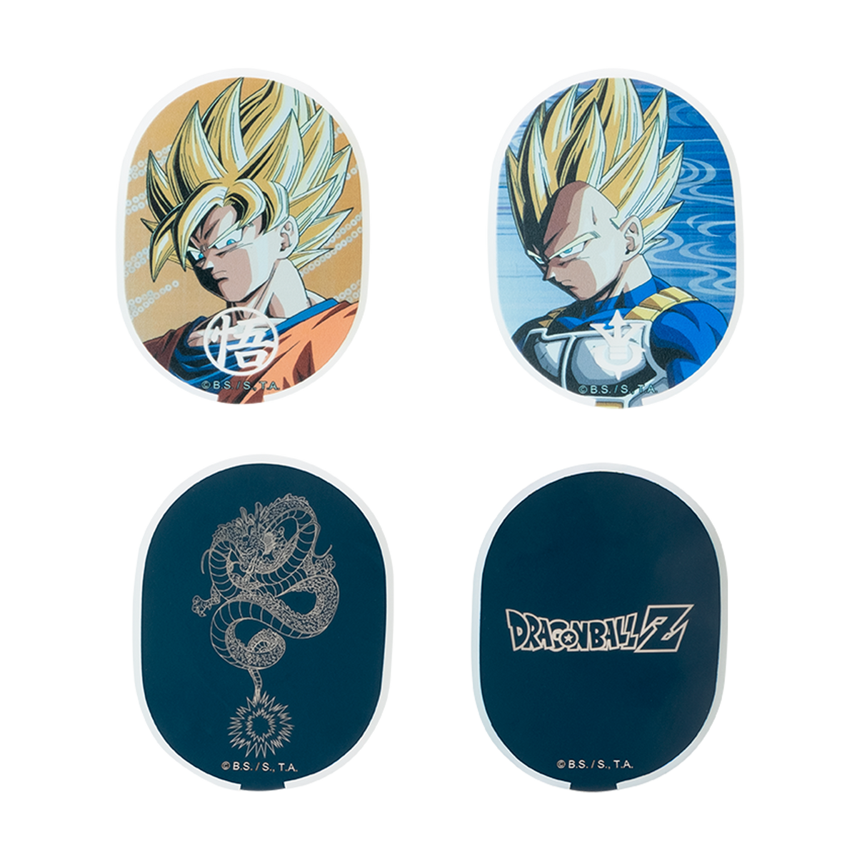 Cztery owalne wzory z postaciami i logo Dragon Ball Z na czarnym tle.