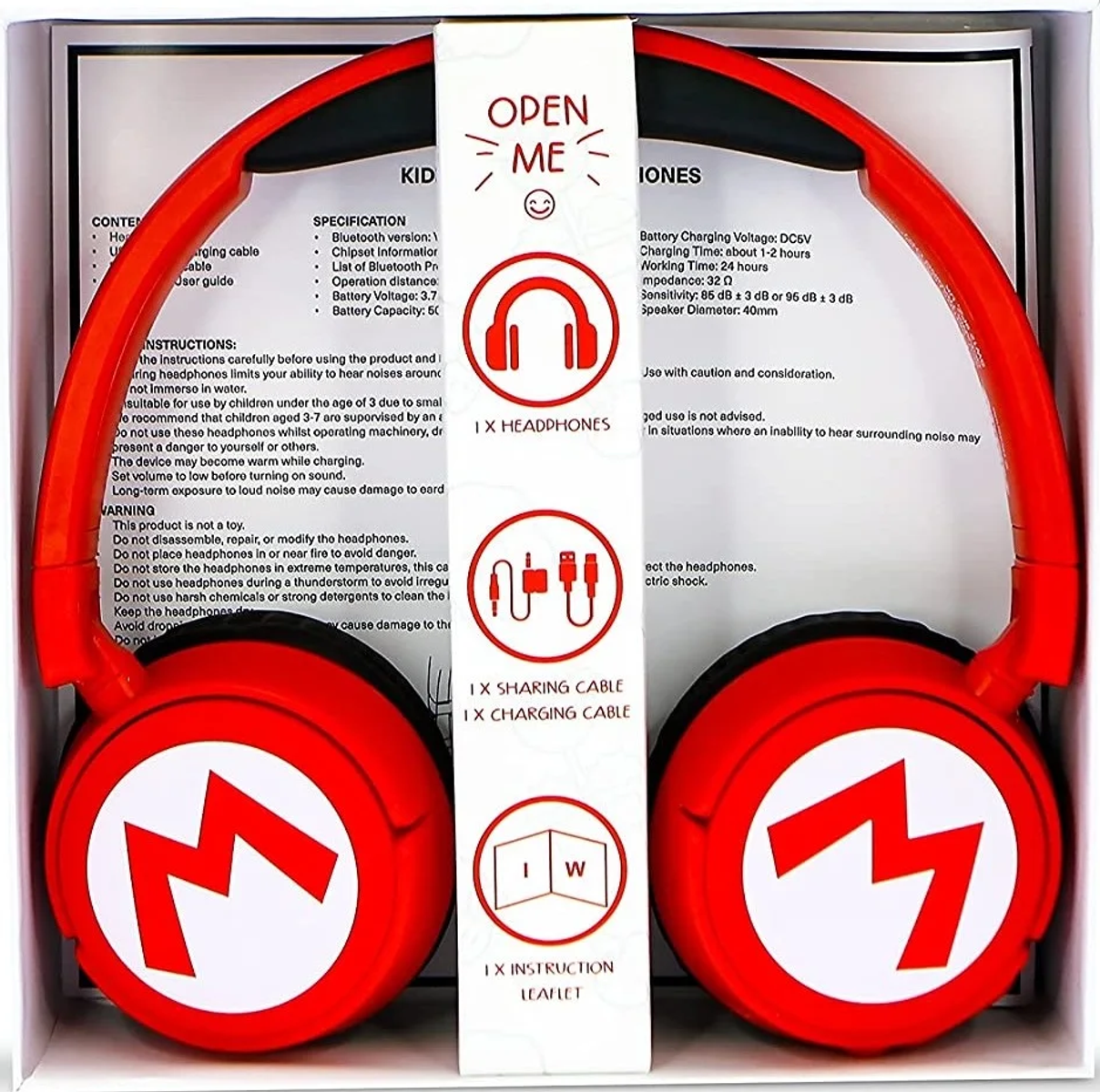 Czerwone słuchawki w pudełku z białymi logo 'M'. Widoczne szczegóły opakowania, w tym instrukcje i specyfikacje.