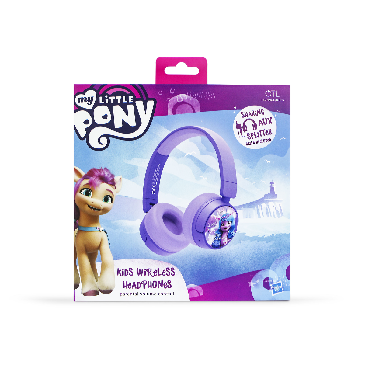 Eine Schachtel mit My Little Pony Kinder-Funkkopfhörern in Lila. Mit Pony-Charakter und Kopfhörern auf der Schachtel.