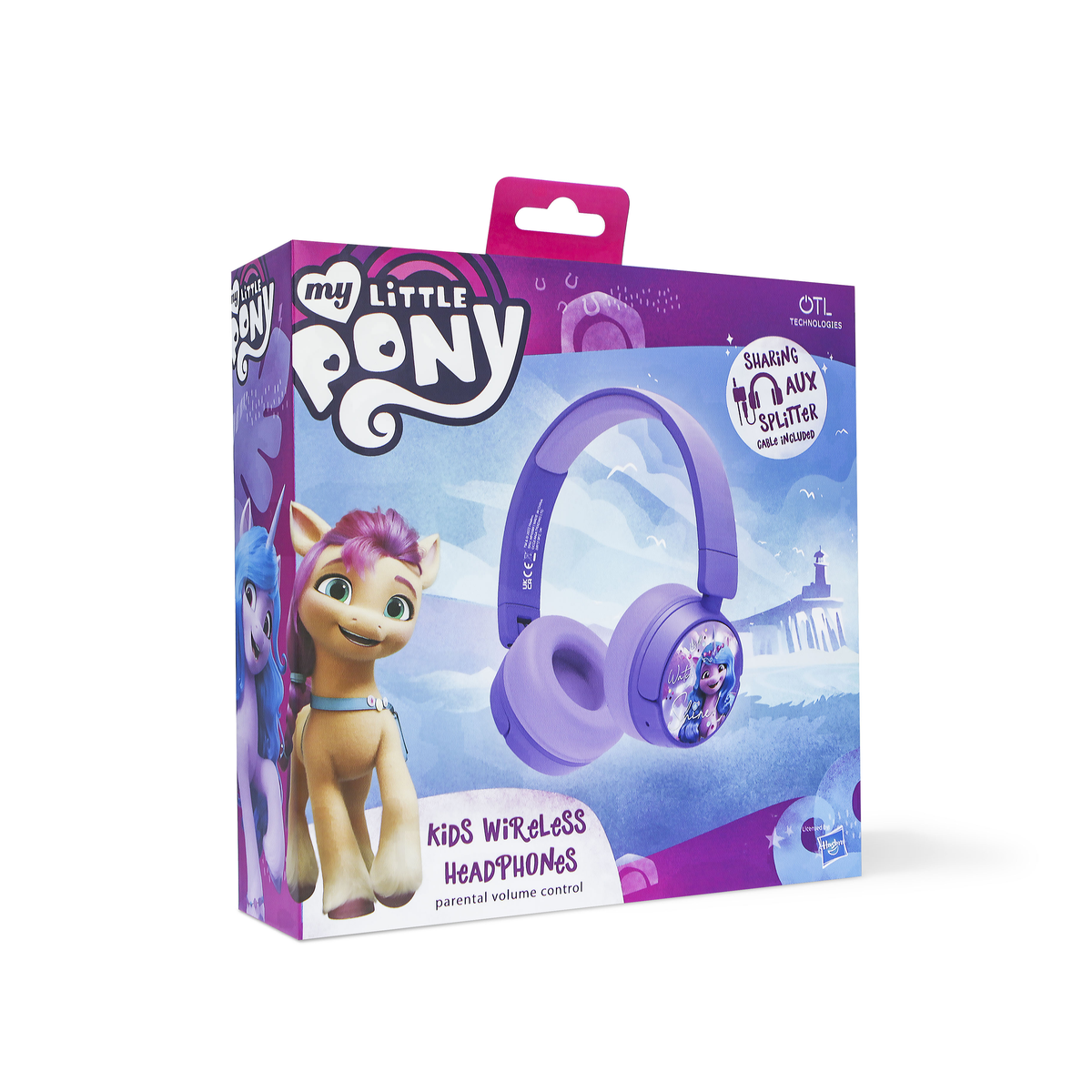 Eine Schachtel mit My Little Pony Kinder-Funkkopfhörern. Die Kopfhörer sind lila. Die Schachtel zeigt Pony-Figuren.