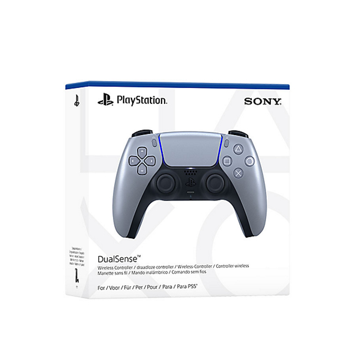 Kontroler DualSense PlayStation w pudełku. Kontroler jest szary z czarnymi akcentami. Pudełko ma logo PlayStation i Sony.