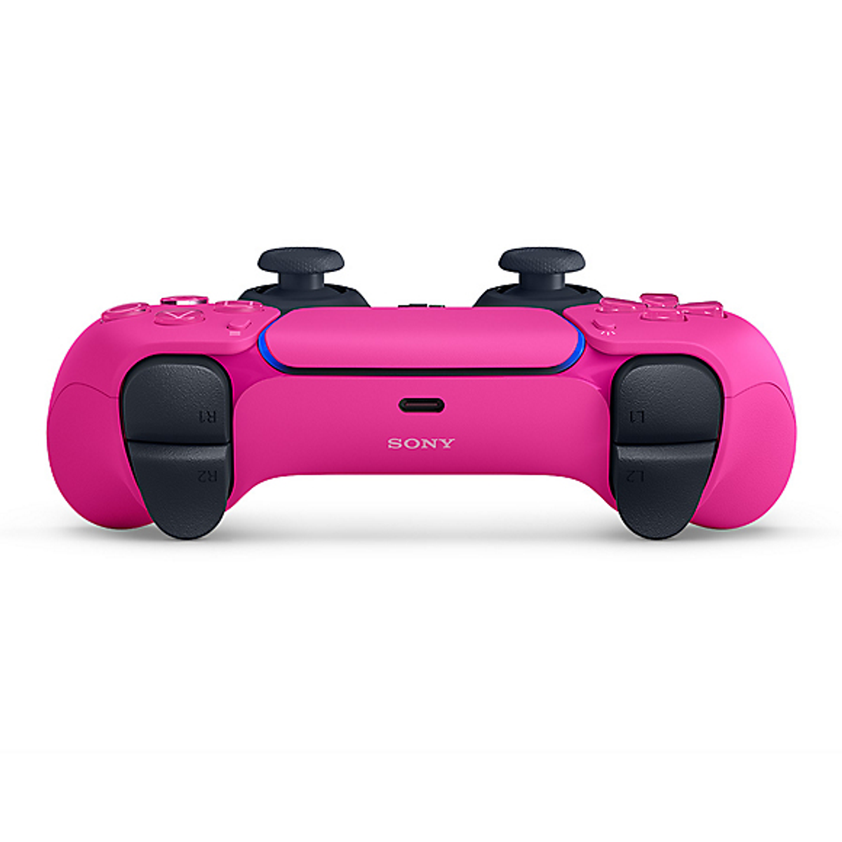 Un controller rosa PlayStation 5 con levette e pulsanti neri, sfondo bianco. La parola 'SONY' è visibile.