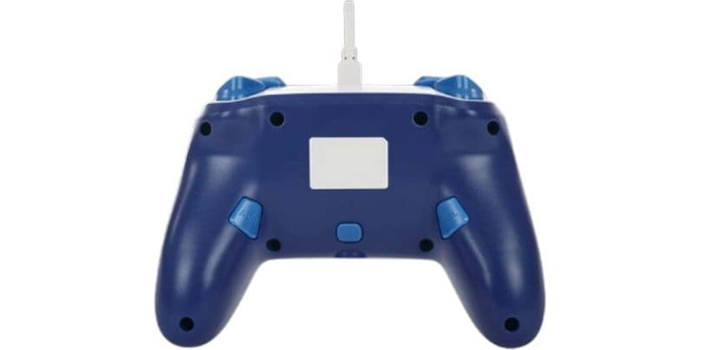 Ein dunkelblauer Gamecontroller mit blauen Knöpfen und einem weißen Kabel, das oben eingesteckt ist.
