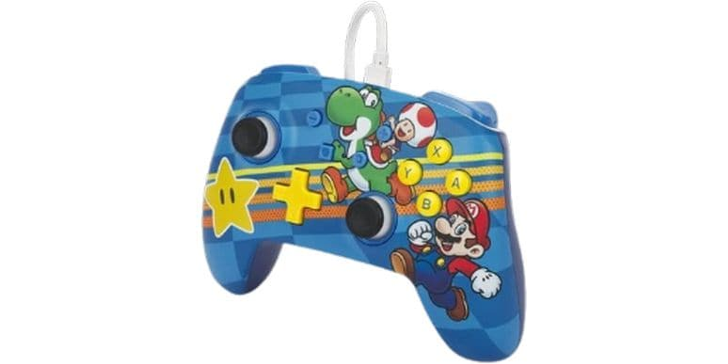 Blauer Nintendo Switch-Controller mit Mario, Yoshi und Toad. Mit USB-Kabel. Sterne und Plus-Symbole.