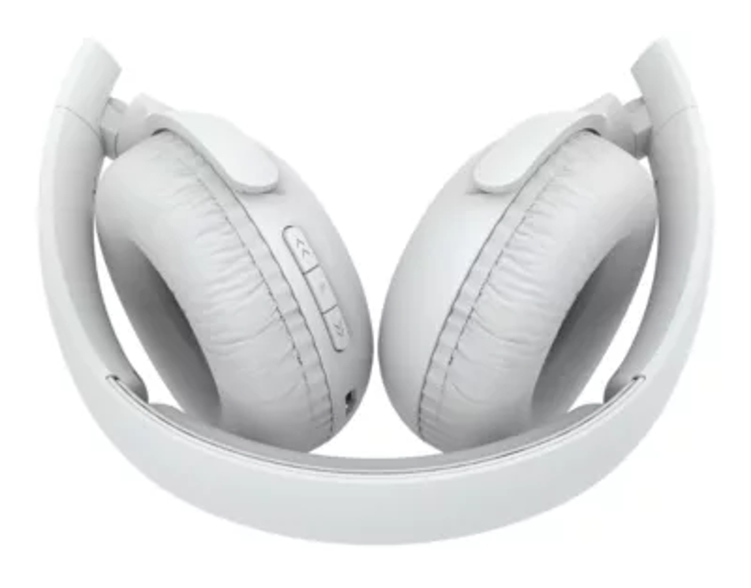 Auriculares blancos plegados. Los auriculares son redondos y acolchados. La diadema es curva. Hay botones en el auricular.
