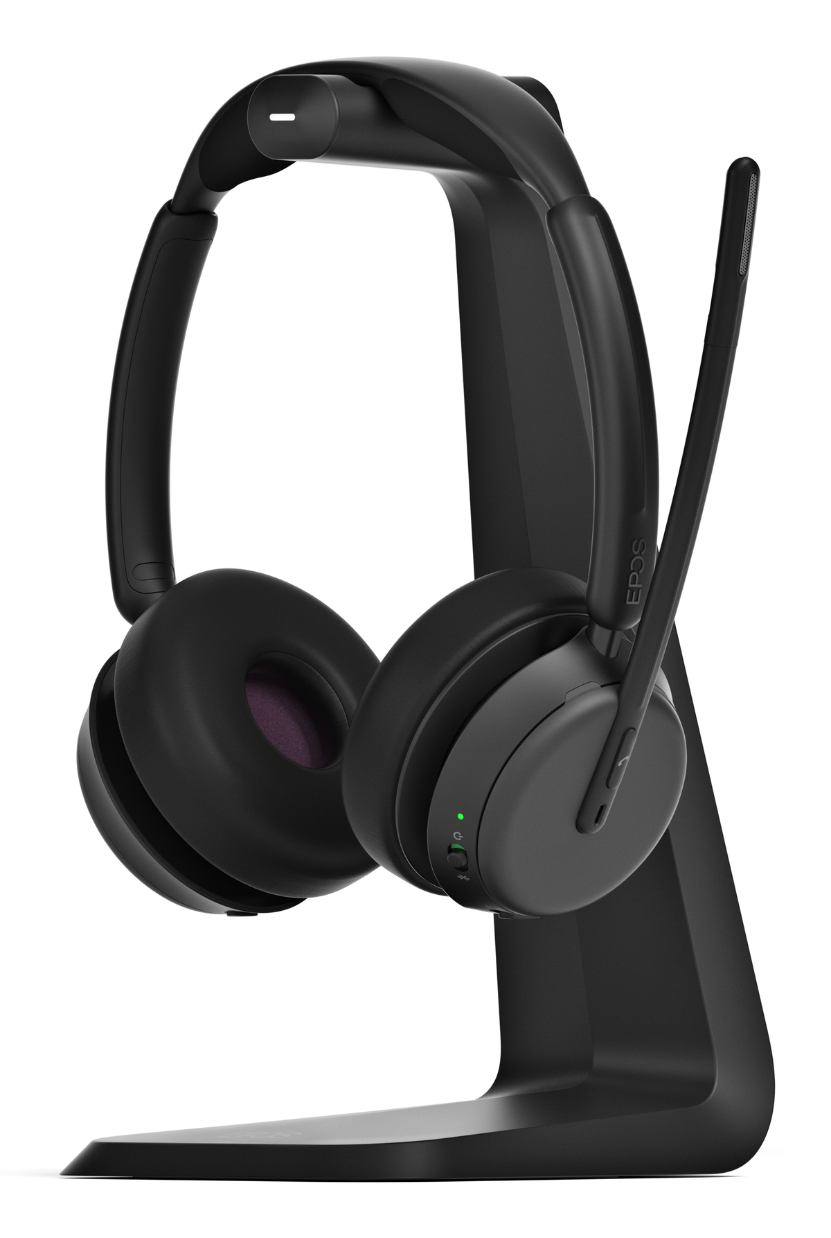 Black headphones with a boom mic on a black stand. The earpads have purple interiors. The stand is on a white background.