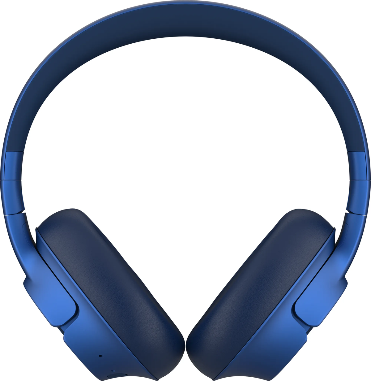 Para niebieskich słuchawek na białym tle. Słuchawki mają duże nauszniki i zakrzywiony pałąk.