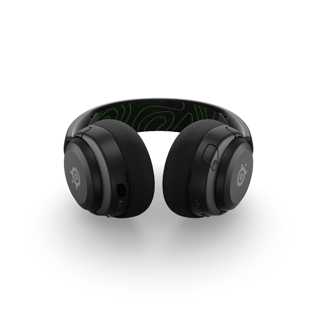 Cuffie da gioco SteelSeries nere, con fascia verde a fantasia. I padiglioni sono rotondi e il logo è visibile.