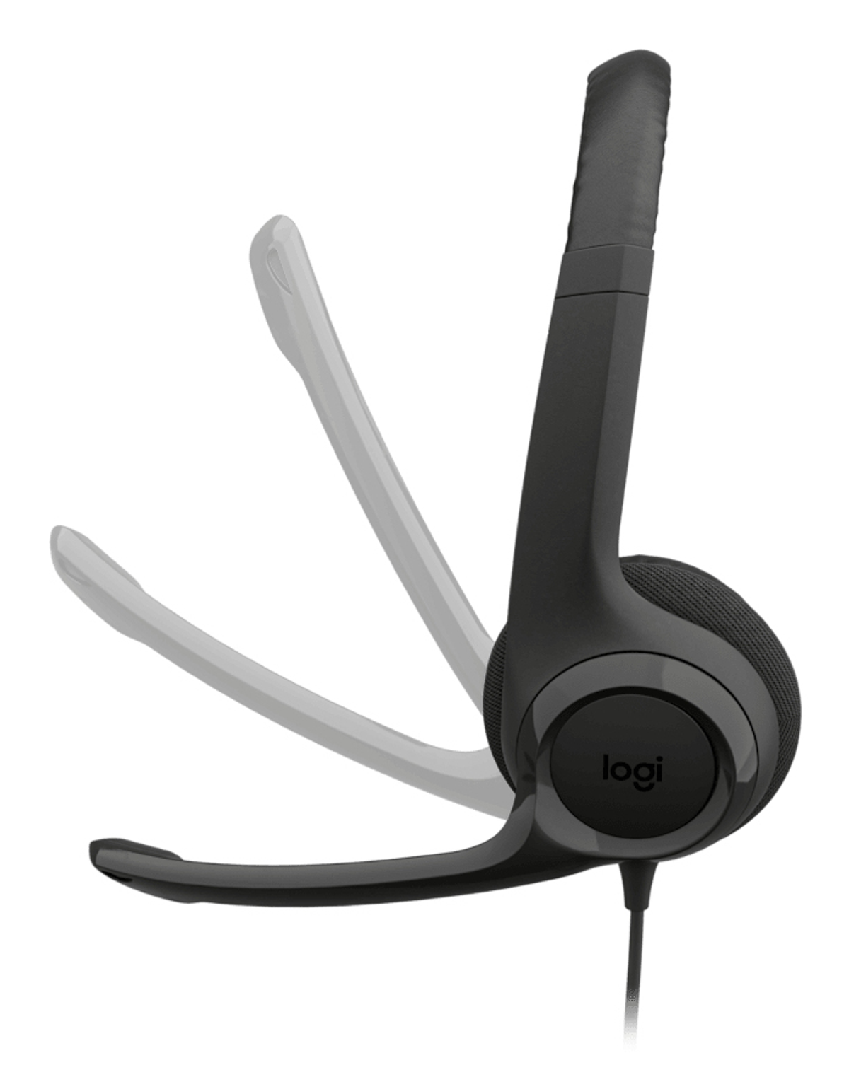 Czarne słuchawki Logitech z mikrofonem. Słuchawki i mikrofon są czarne. Tło jest białe.