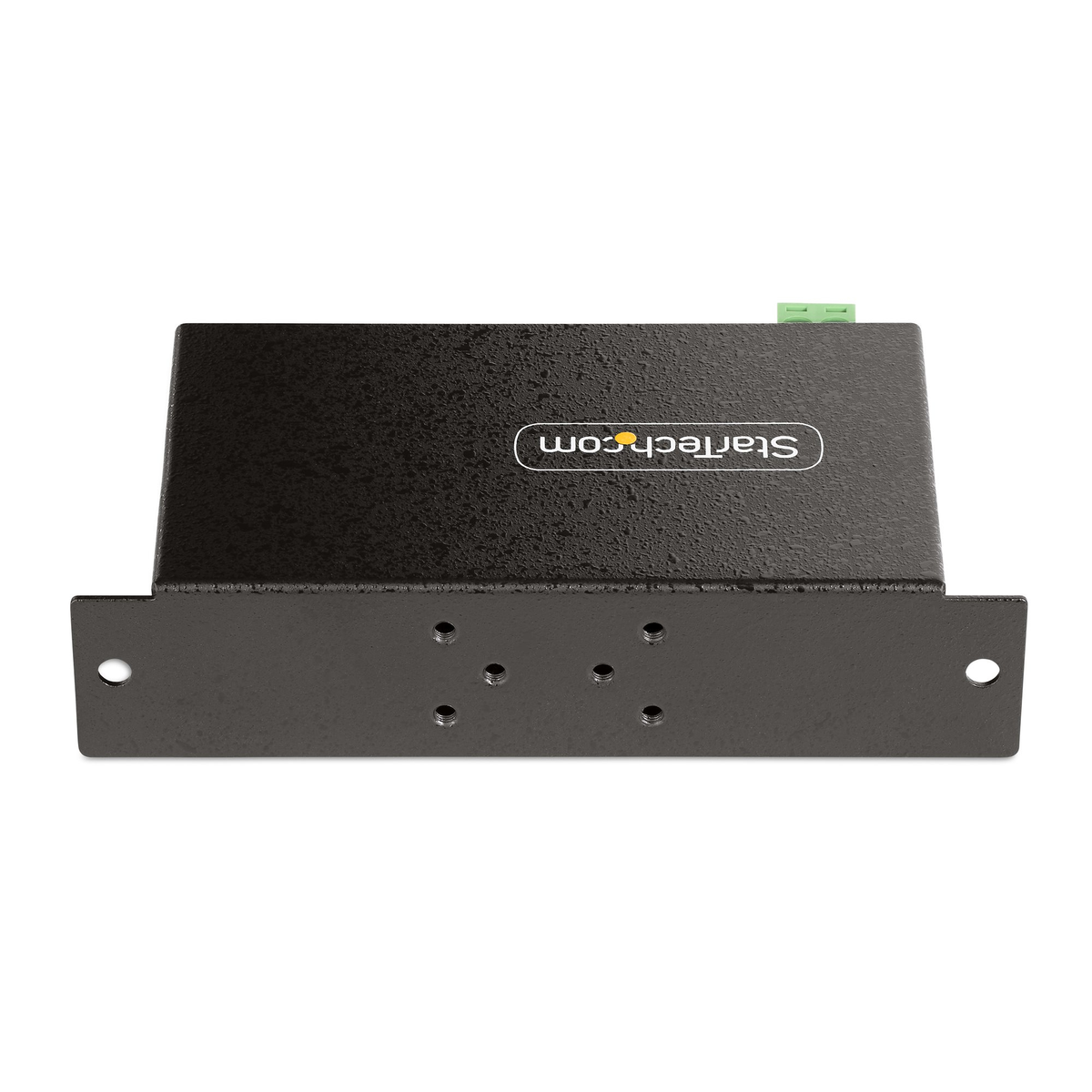 Un dispositivo negro StarTech.com, con orificios de montaje y un conector verde sobre fondo blanco.