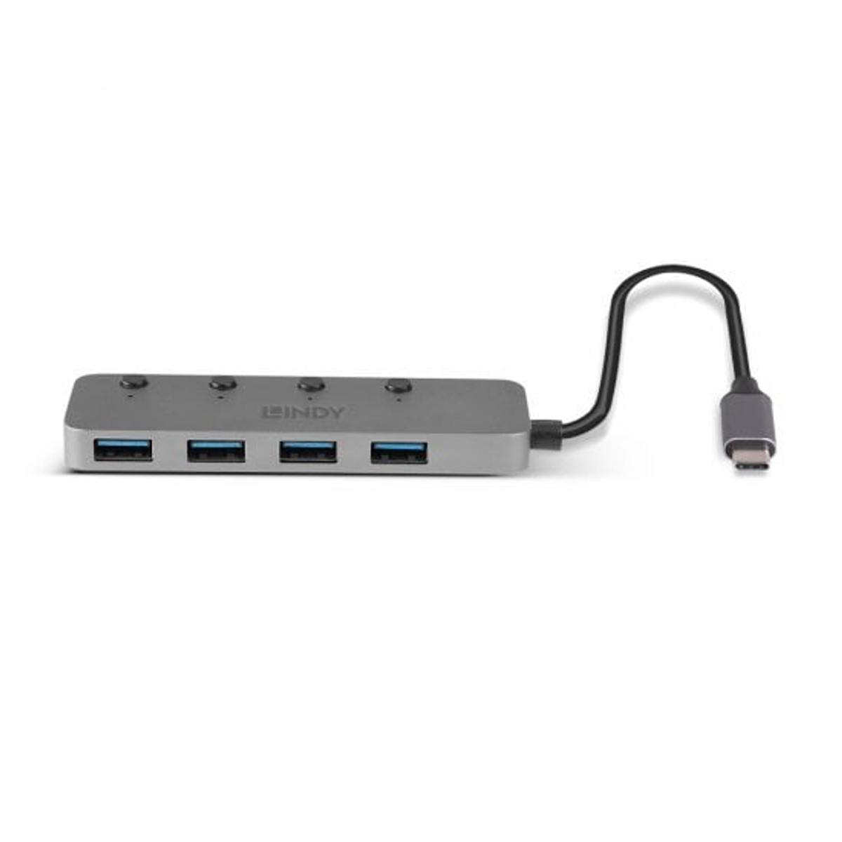 Un hub USB grigio con quattro porte e un connettore USB-C. Sull'hub è presente il marchio "LINDY".
