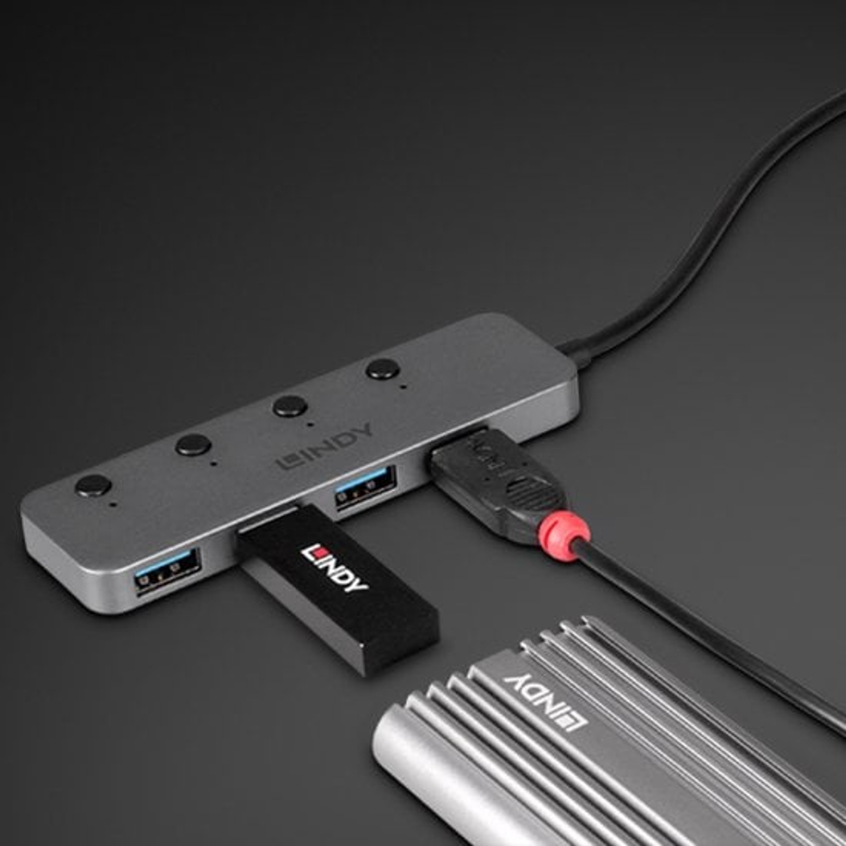 Un hub USB Lindy grigio con una chiavetta USB nera inserita. Cavo nero collegato. Alloggiamento in metallo argentato in basso a destra.
