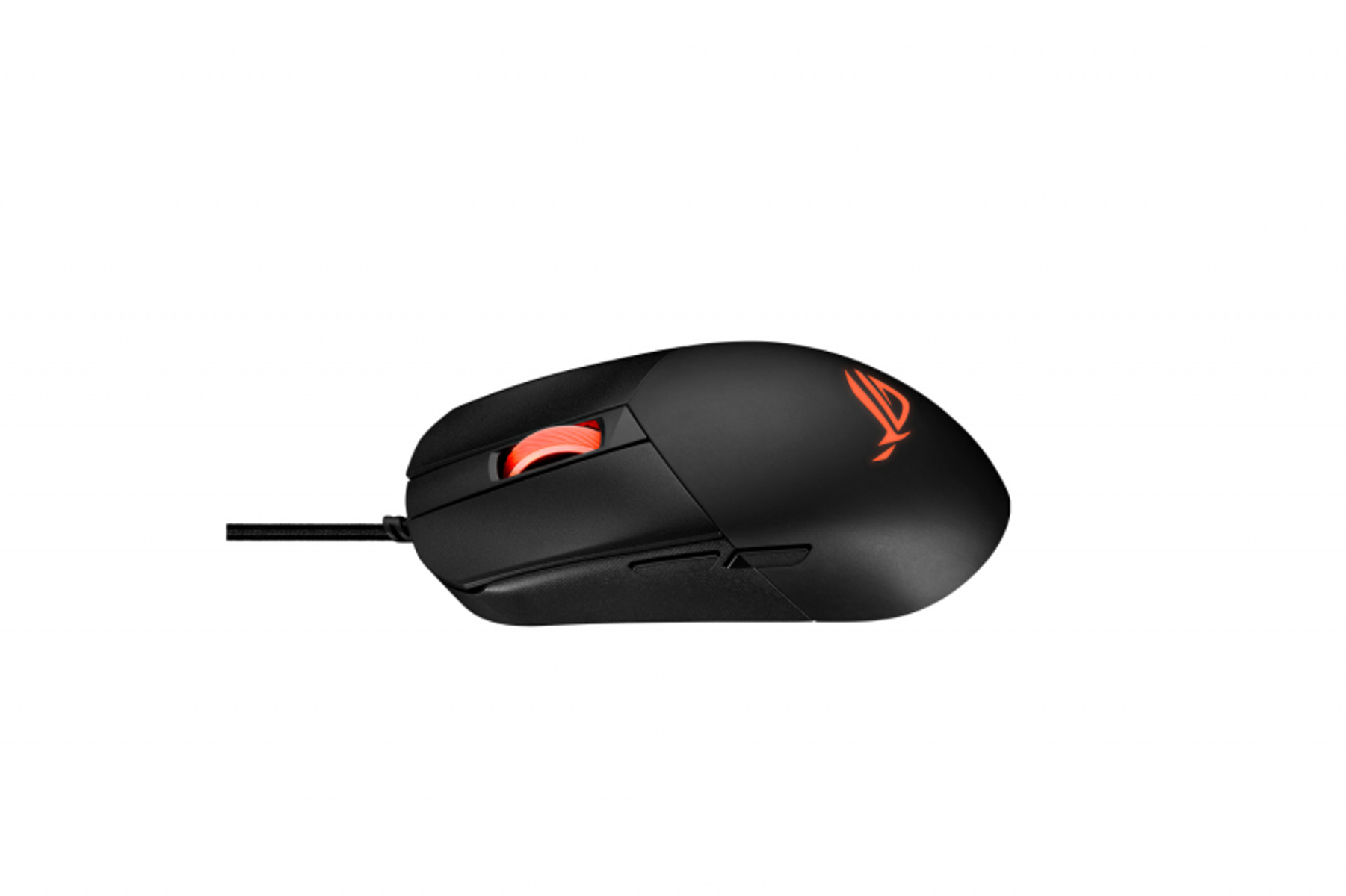 Czarna mysz komputerowa z czerwonym kółkiem przewijania i logo. Ma kabel i znajduje się na białym tle.